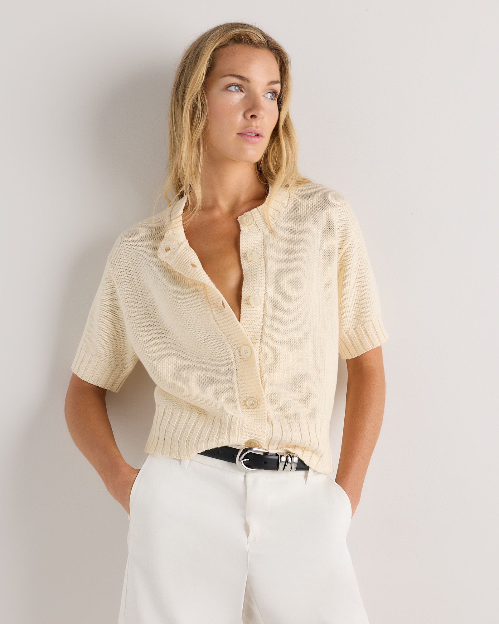 Sandstone Beige Cotton Linen Short Sleeve Cardigan