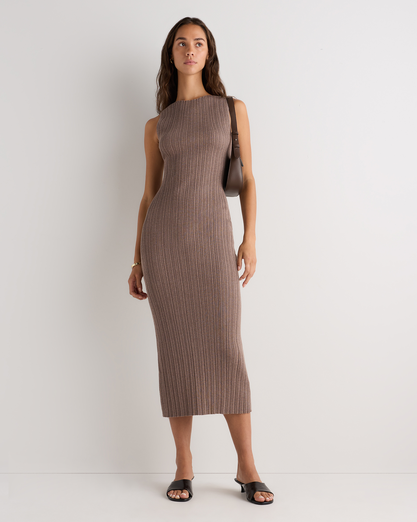 Heathered Mink Taupe Cotton Cashmere Ribbed Sleeveless Midi Dress