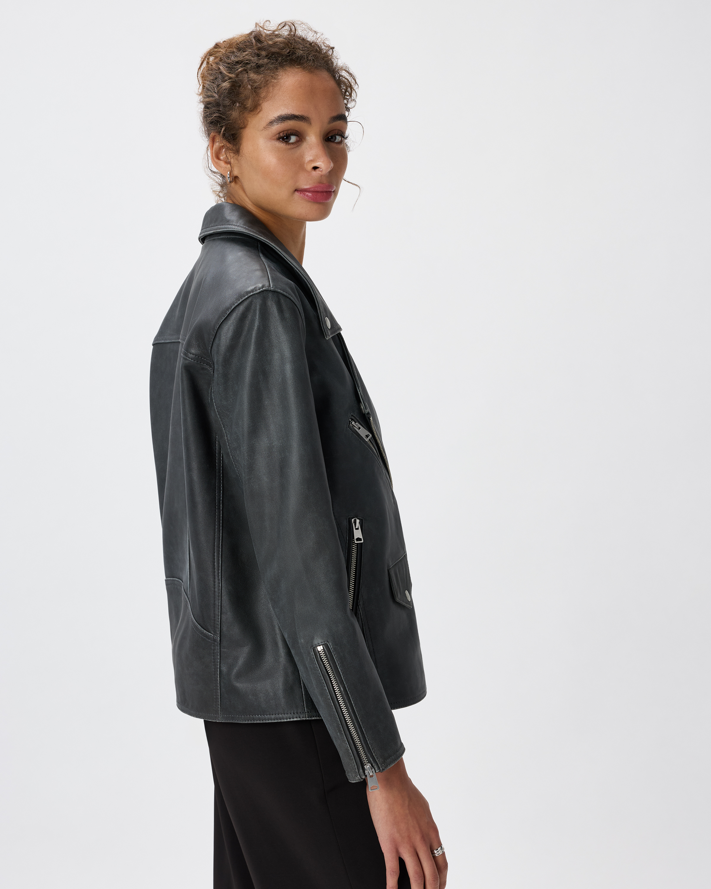 100% Leather Oversized Biker Jacket in Distressed Black