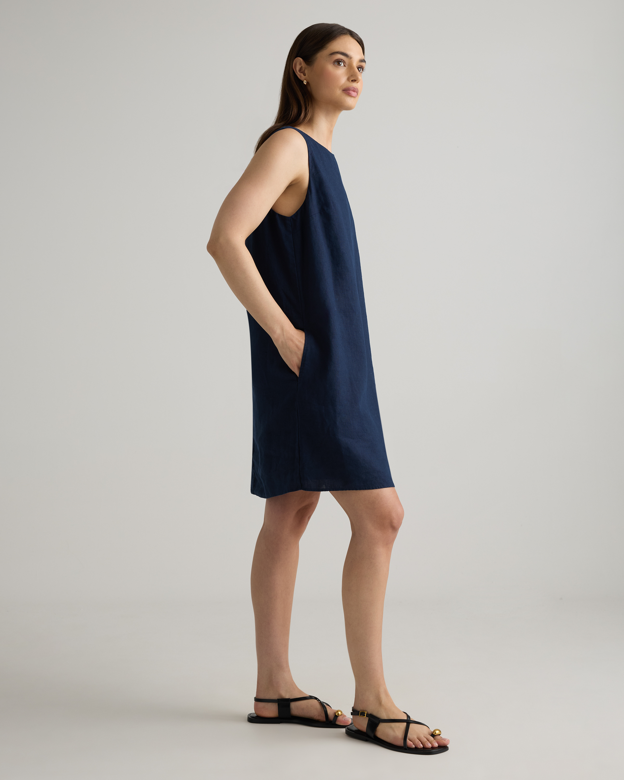 Quince Women's European Linen Tank Top Mini Dress, Deep Navy, Size Large - 100% Sustainable Flax Material