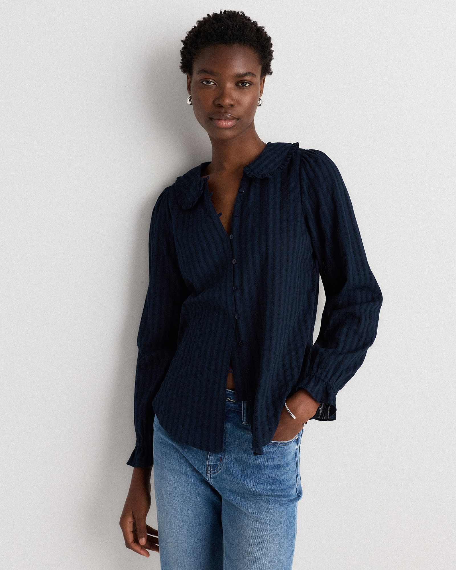 Solid Navy Embroidered Cotton Ruffle Collar Long Sleeve Blouse