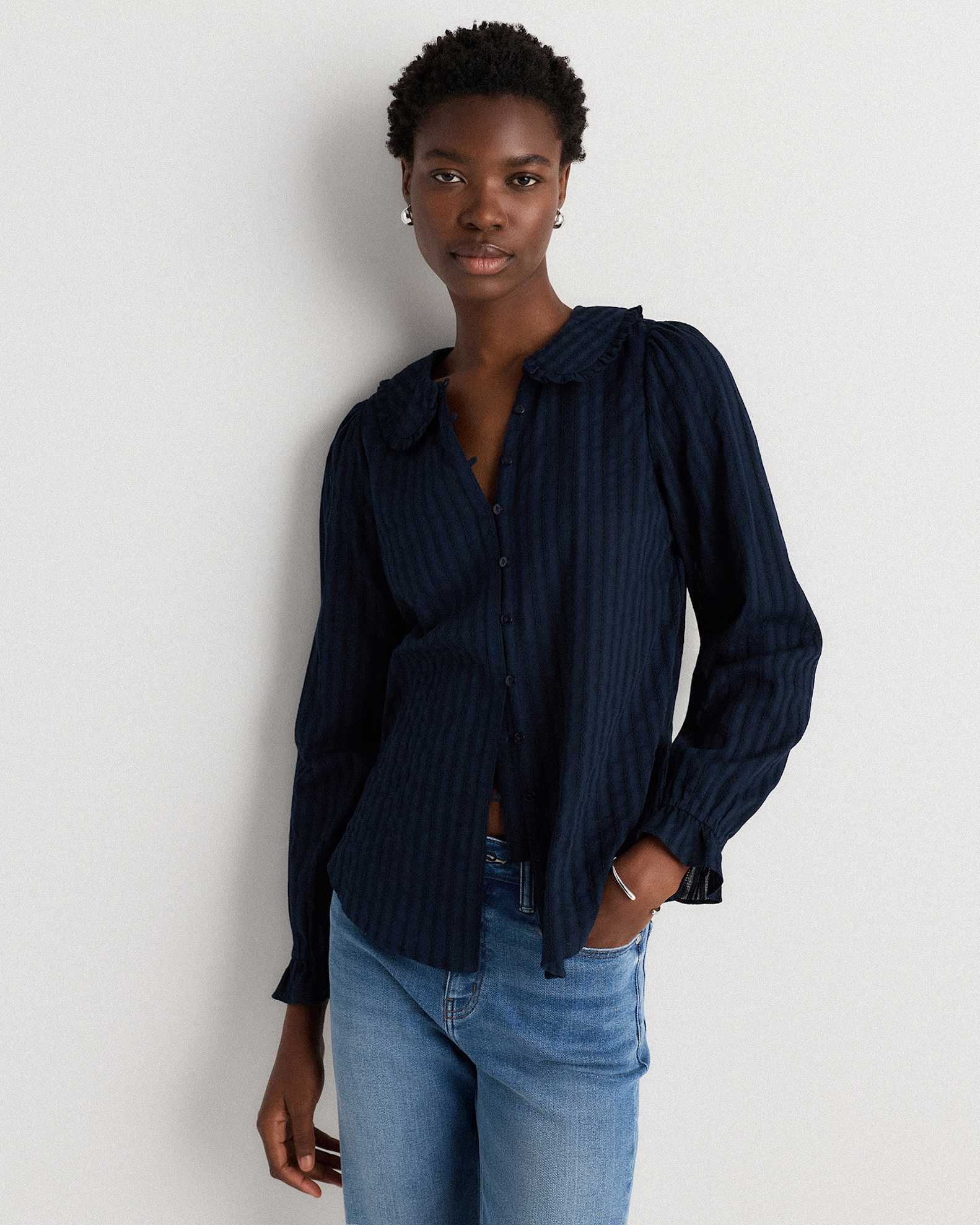 Women's Embroidered Cotton Ruffle Collar Long Sleeve Blouse in Solid Navy, Size XS, Organic Cotton by Quince Women's Embroidered Cotton Ruffle Collar Long Sleeve Blouse in Solid Navy, Size XS, Organic Cotton by Quince