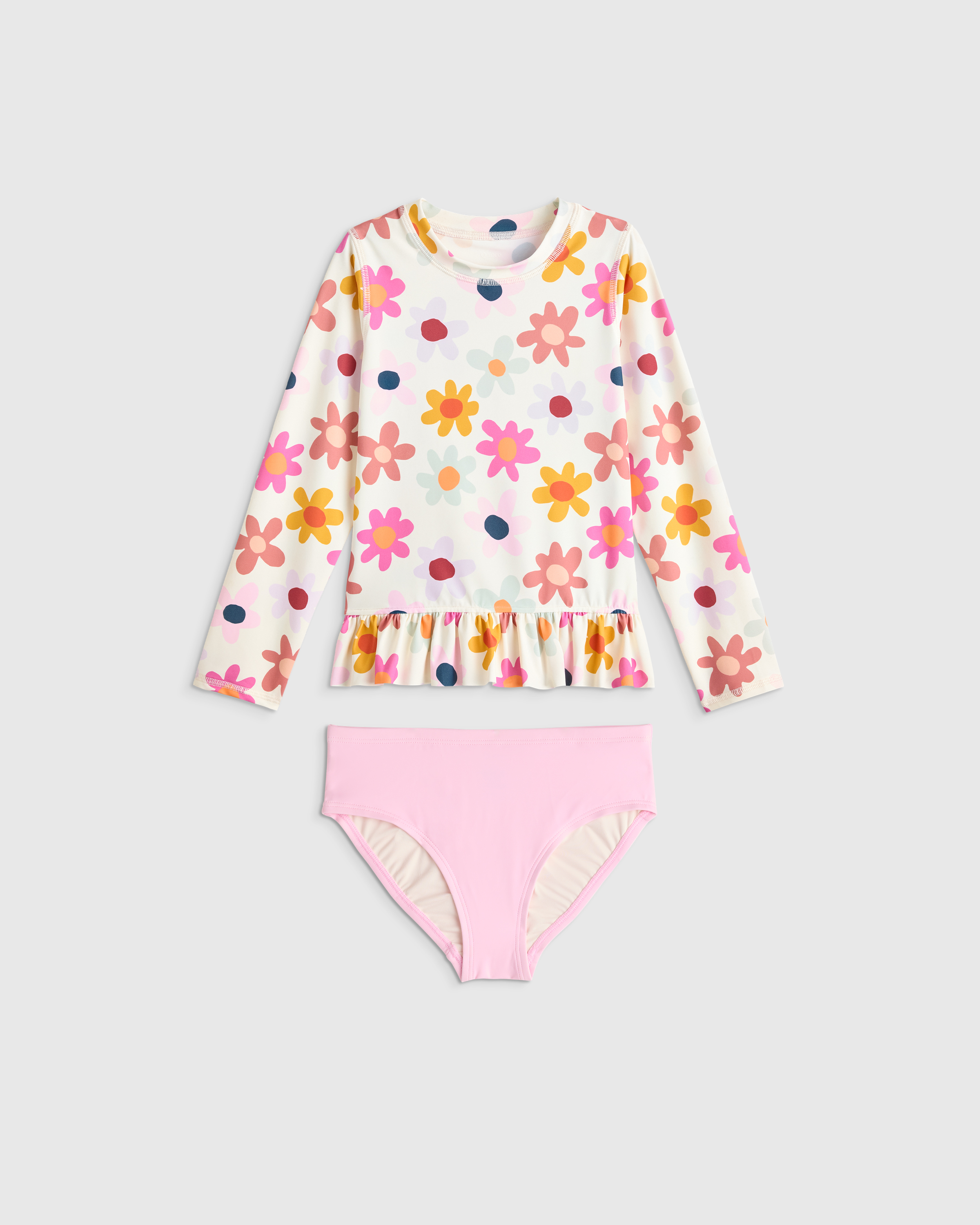 Happy Floral Long Sleeve Ruffle Rash Guard Two-Piece Swimsuit