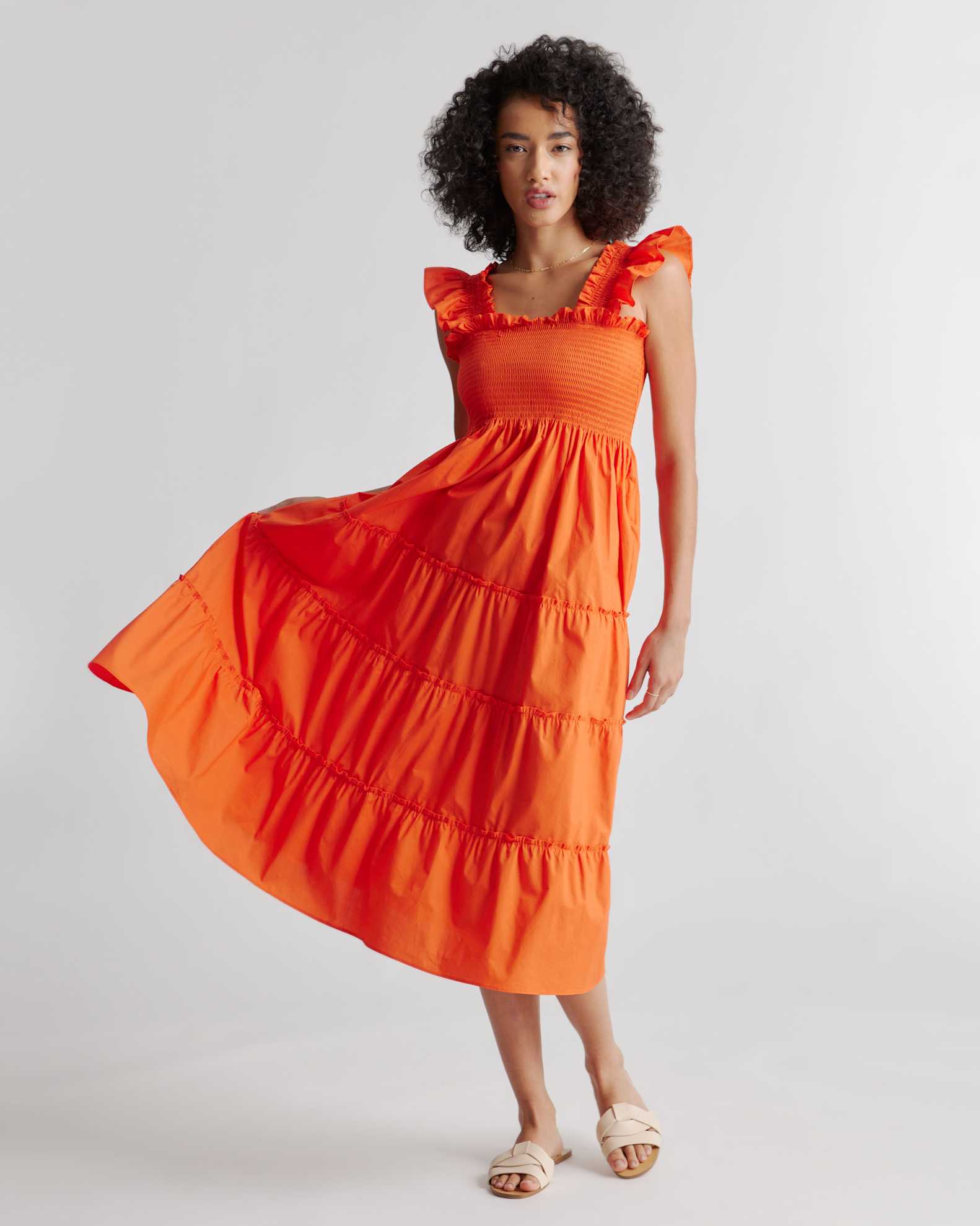 Quince Women's Organic Cotton Poplin Smocked Midi Dress, Vermilion Red, Size Large - Flirty, Breathable, A-Line Cut with Ruffle Detailing Quince Women's Organic Cotton Poplin Smocked Midi Dress, Vermilion Red, Size Large - Flirty, Breathable, A-Line Cut with Ruffle Detailing