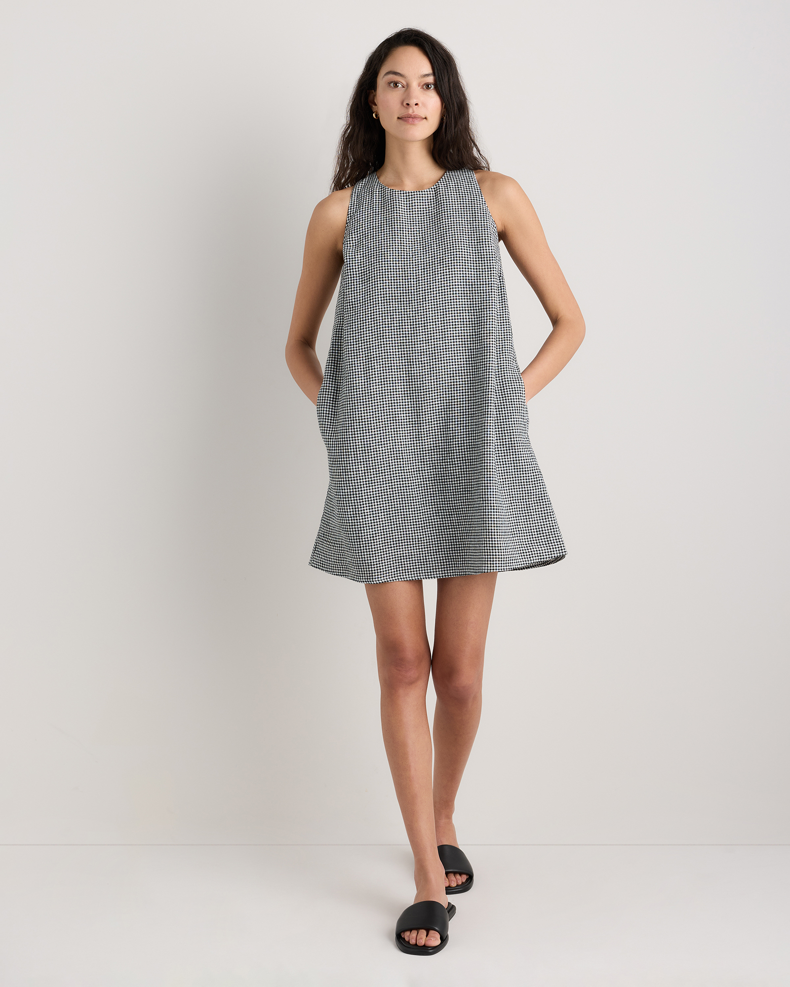 100% European Linen Tank Mini Dress in Classic Mini Gingham