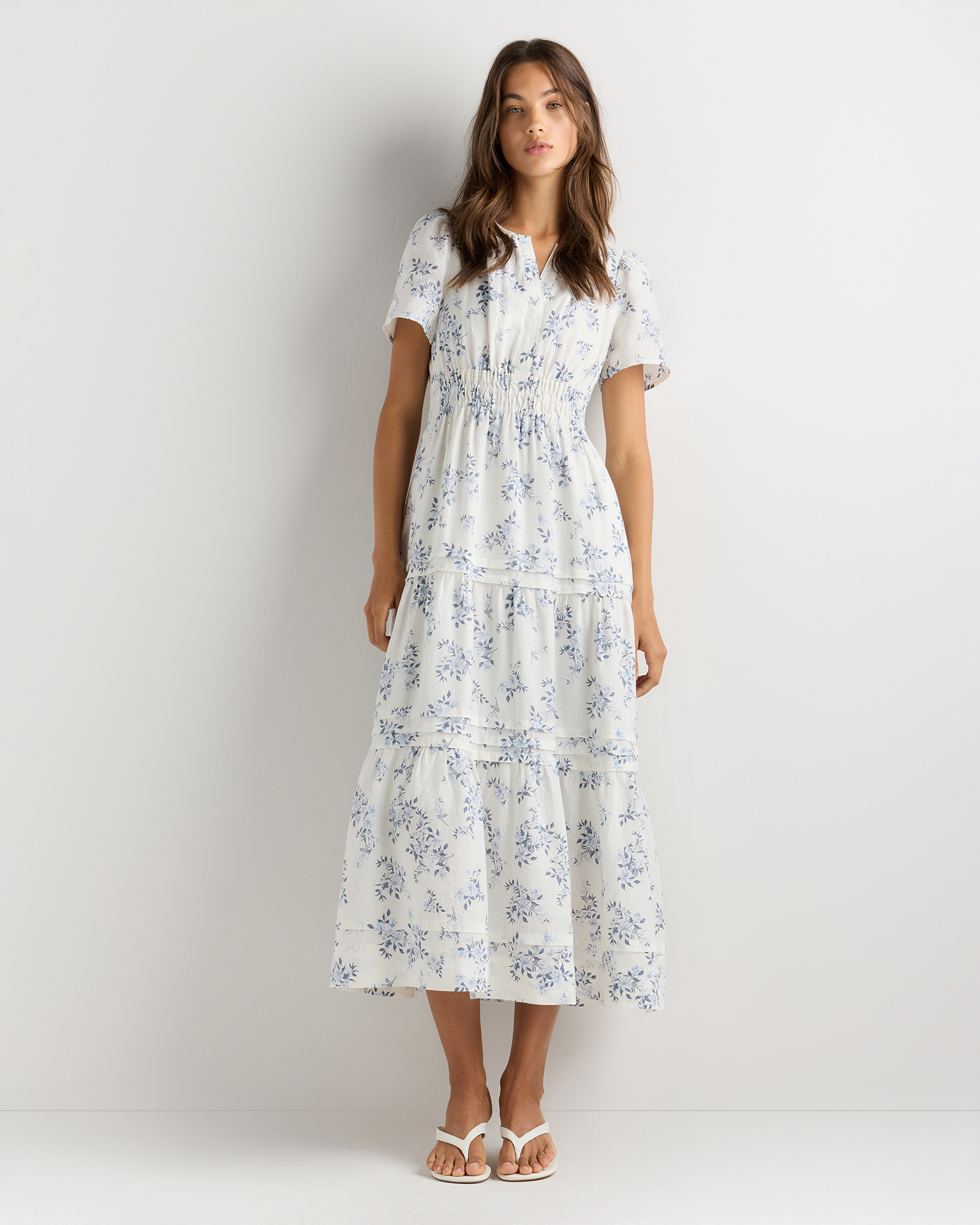 Ivory Porcelain Blue Petite Floral 100% European Linen Tiered Maxi Dress