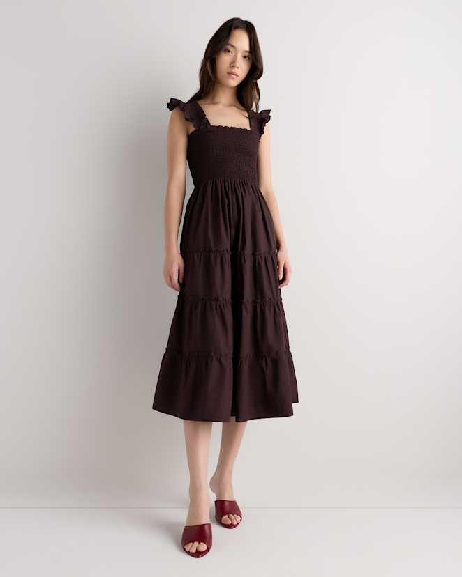 Chocolate Plum Brown 100% Organic Cotton Poplin Smocked Midi Dress