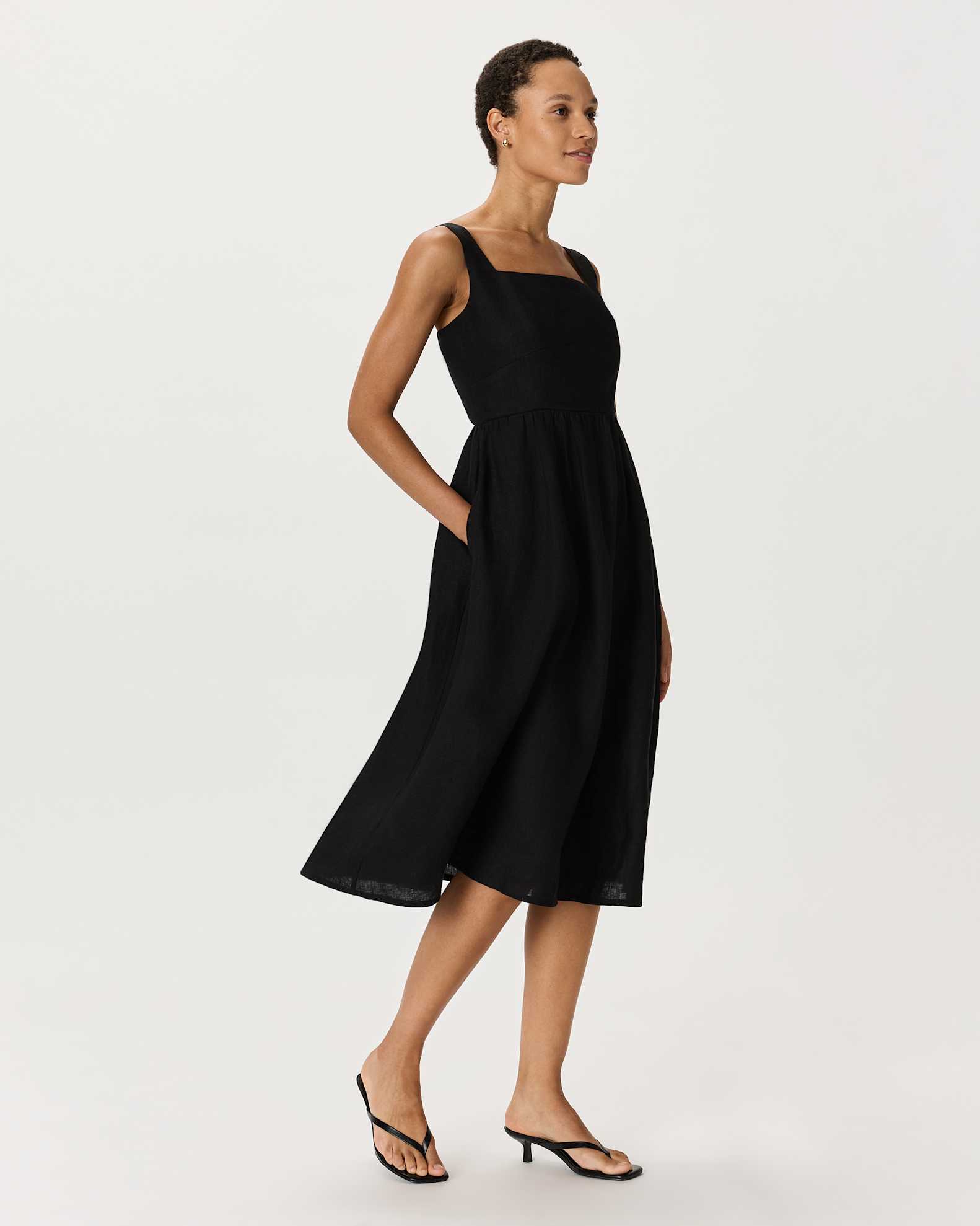 100% European Linen Fit & Flare Midi Dress in Black 100% European Linen Fit & Flare Midi Dress in Black