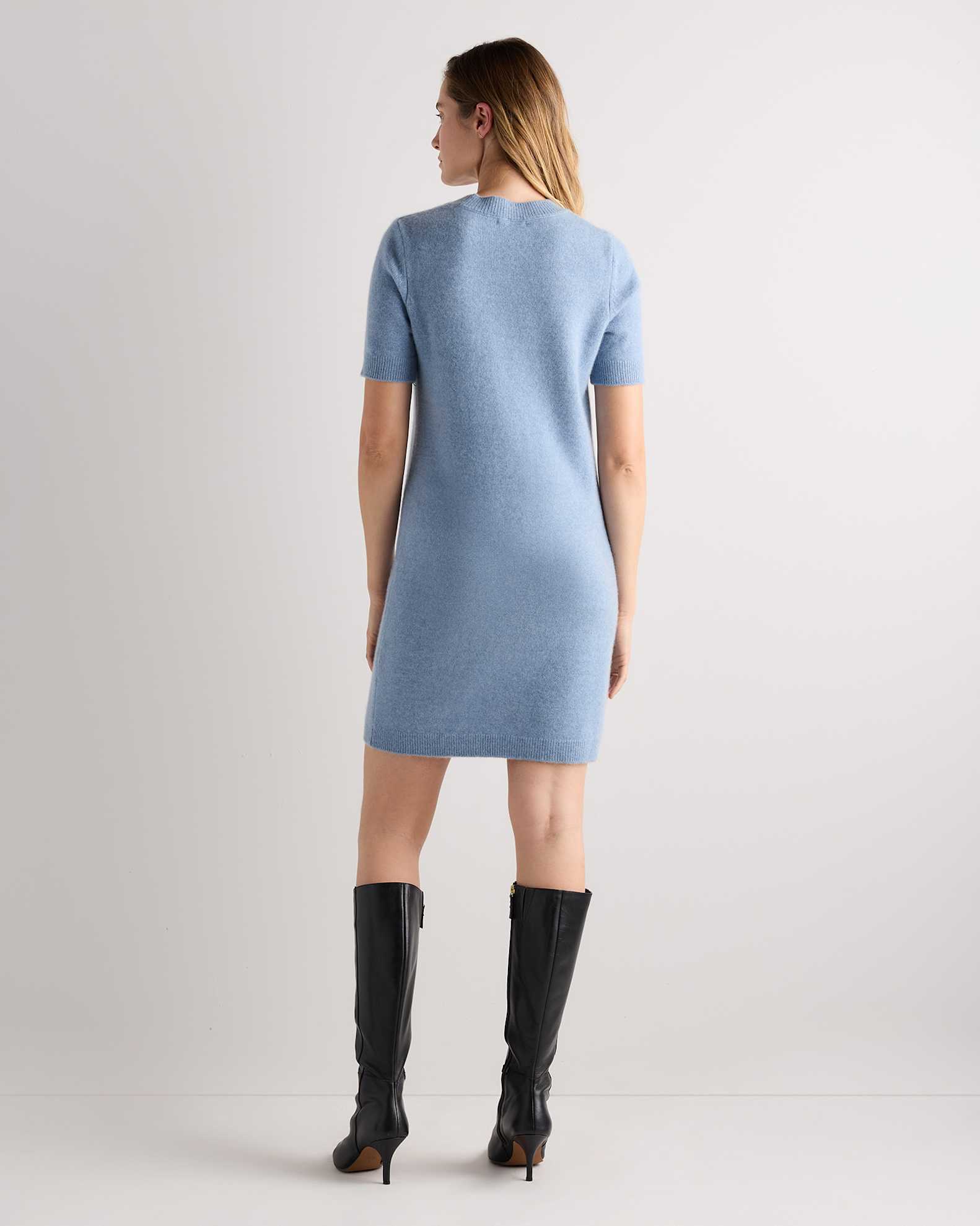 Women's Mongolian Cashmere Short Sleeve Mini Dress in Faded Denim, Size XL by Quince Women's Mongolian Cashmere Short Sleeve Mini Dress in Faded Denim, Size XL by Quince