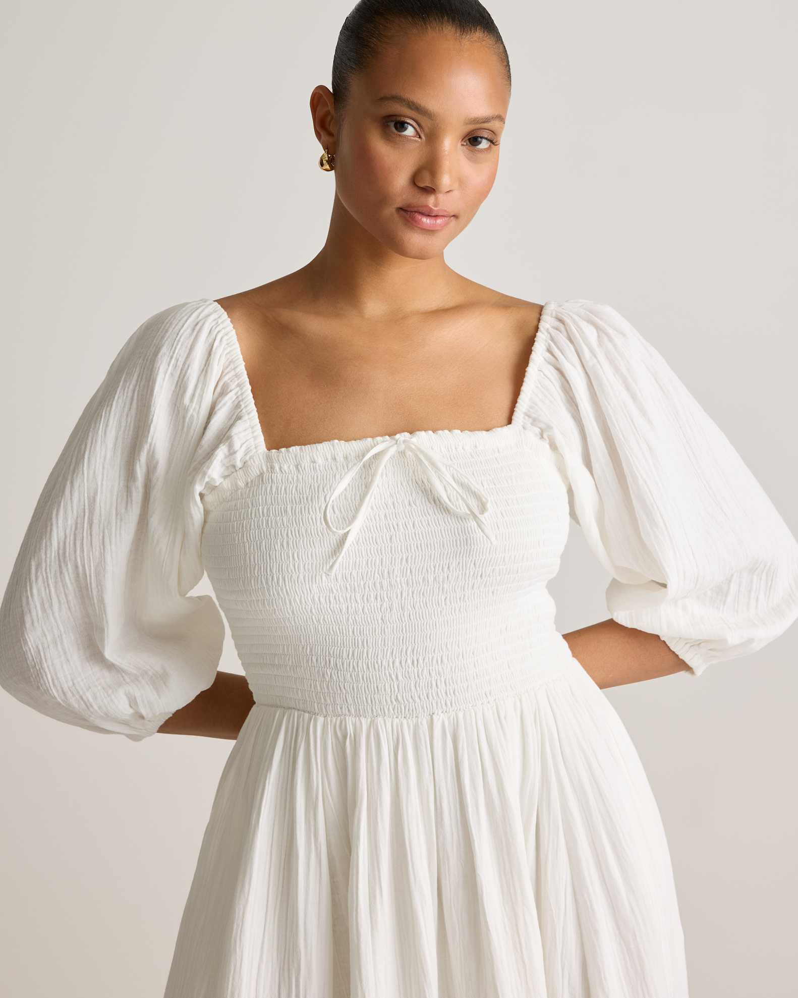 Women's Gauze Smocked Square Neck Midi Dress in White, Size Large, Organic Cotton by Quince Women's Gauze Smocked Square Neck Midi Dress in White, Size Large, Organic Cotton by Quince