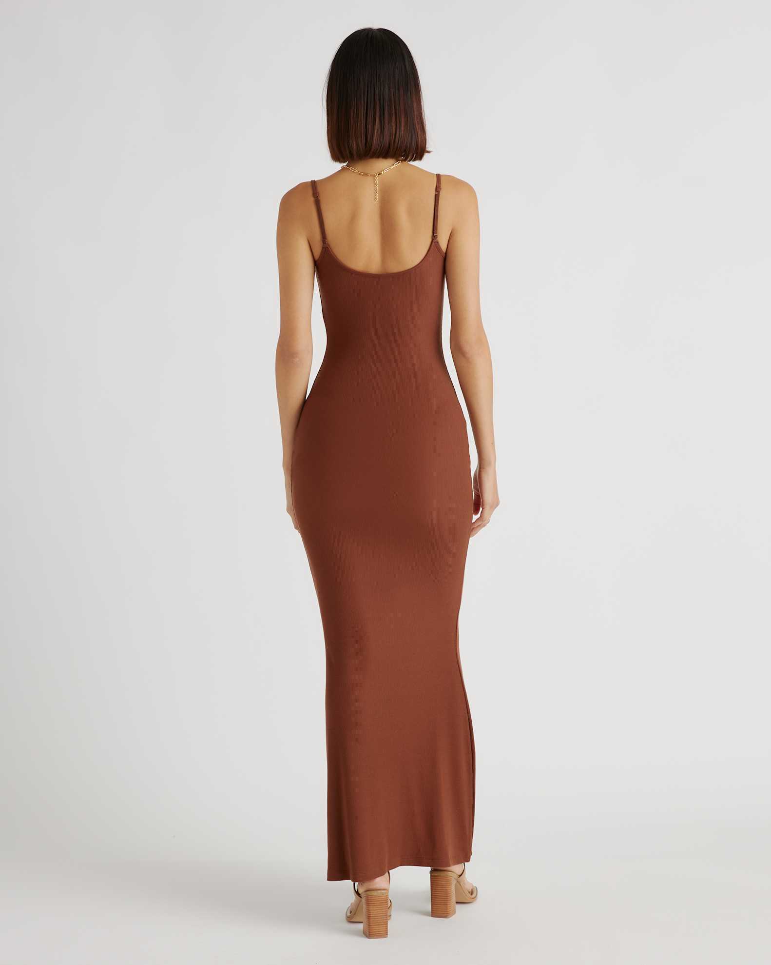 Quince Women's Tencel Rib Knit Maxi Slip Dress, Medium Size, Brown, Cotton/Modal Blend, Body-Hugging Fit Quince Women's Tencel Rib Knit Maxi Slip Dress, Medium Size, Brown, Cotton/Modal Blend, Body-Hugging Fit