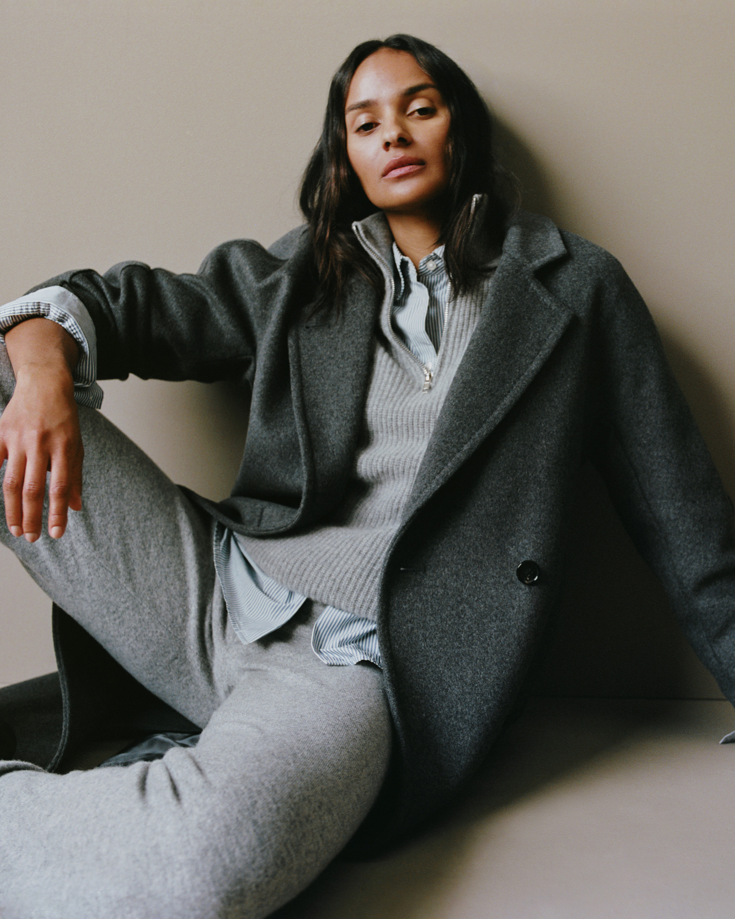 Mongolian Cashmere Fisherman Quarter Zip Sweater in Heather Grey