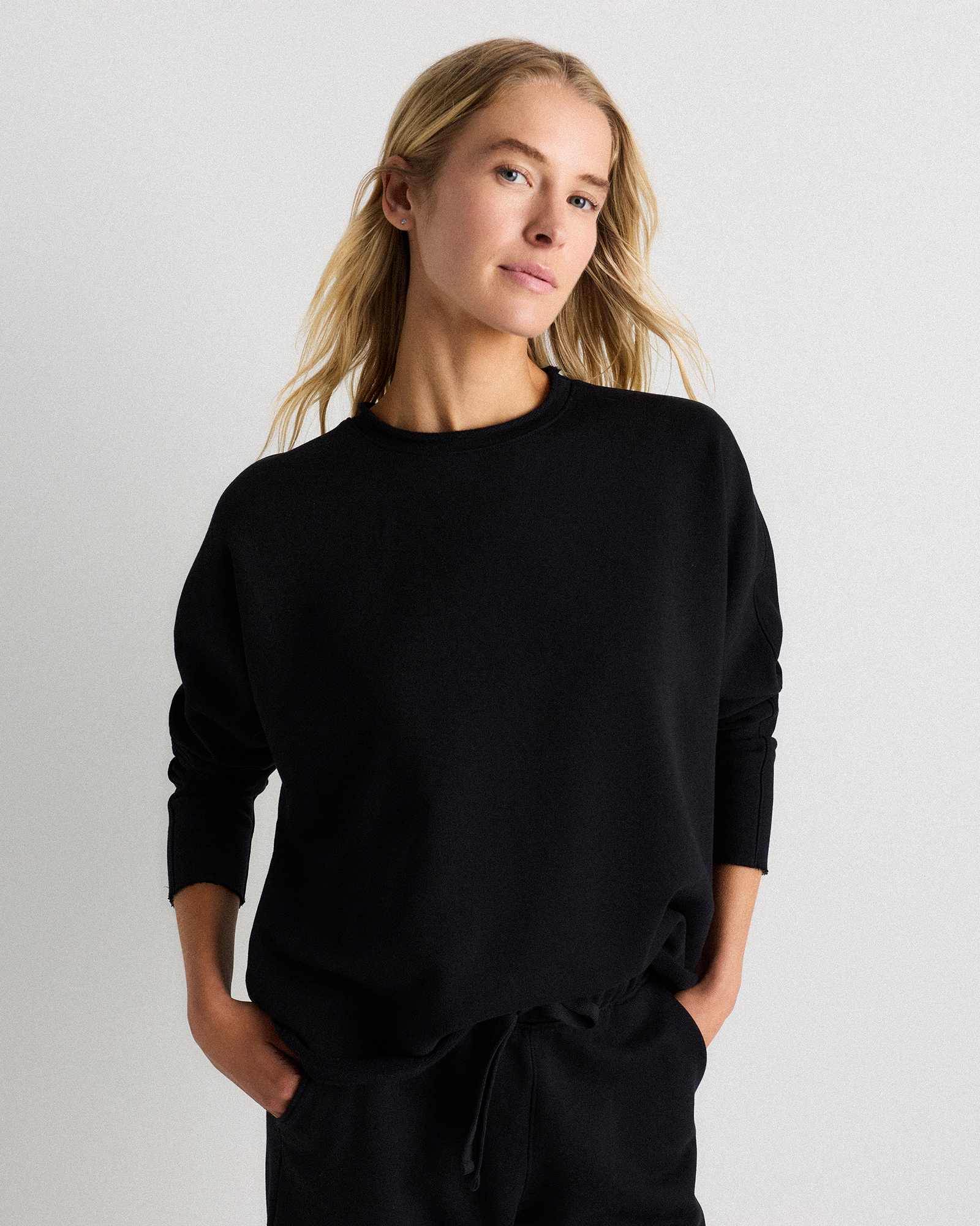 Quince Women's Organic French Terry Crew Neck Alpaca Sweater In Black