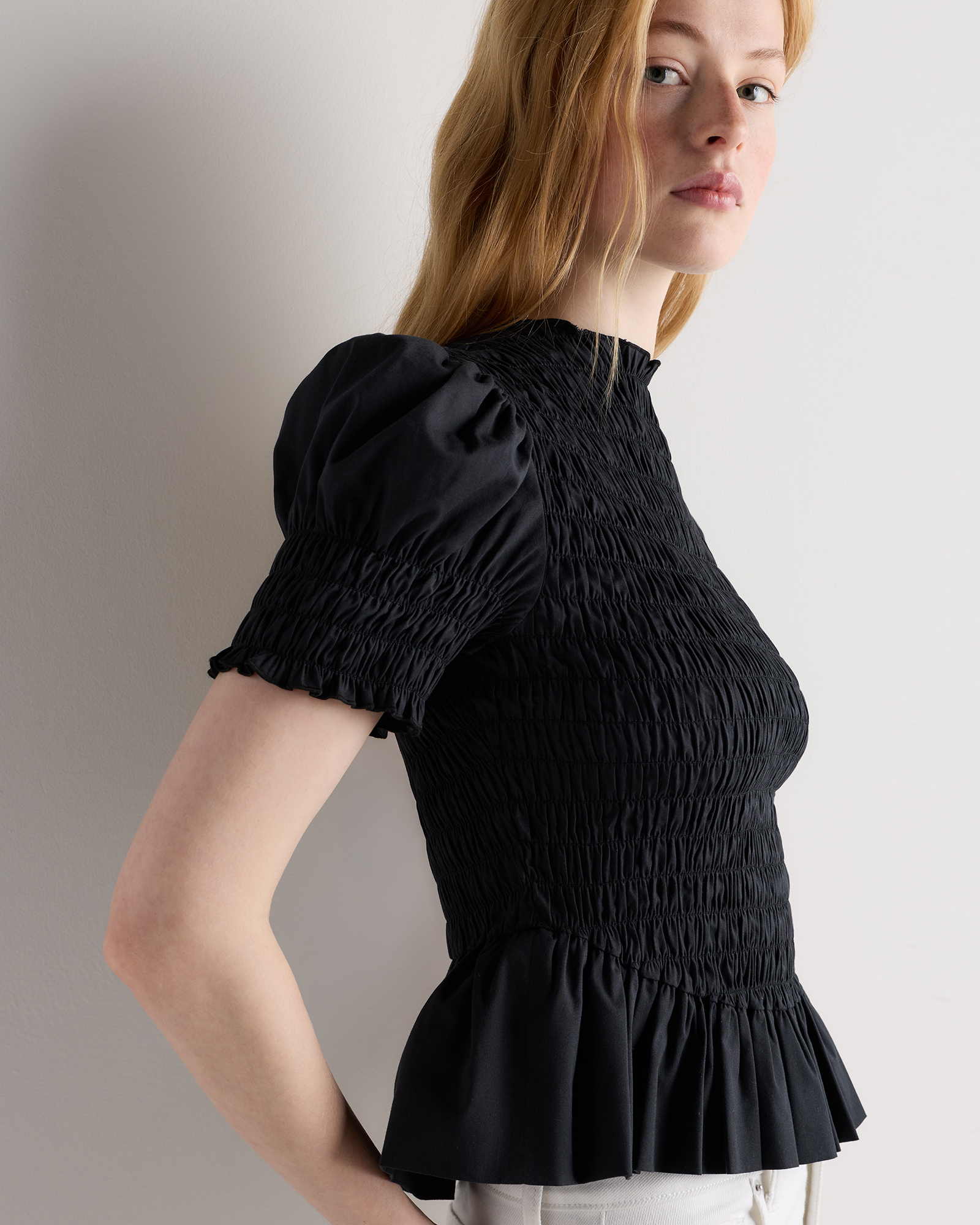 Cotton Viscose Voile Smocked Peplum Top in Black