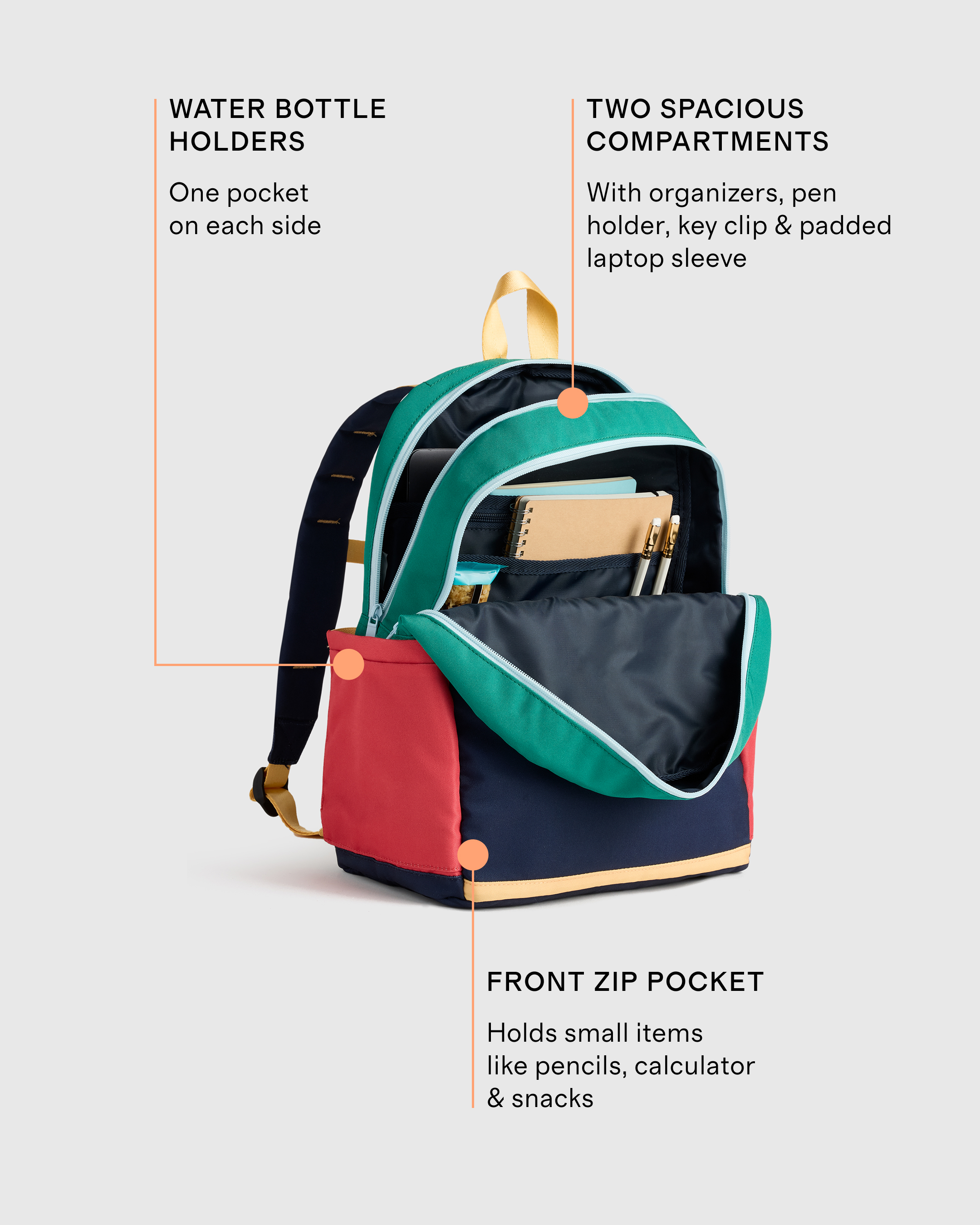 Recycled Double Pocket Backpack Medium in Colorblock