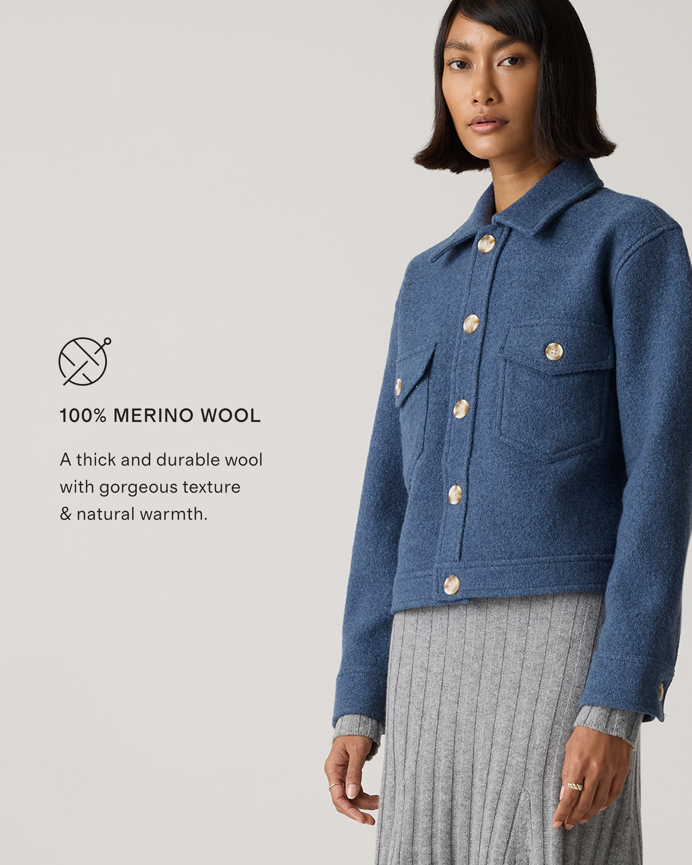 100% Merino Wool Cropped Shirt Jacket in Denim Blue Melange