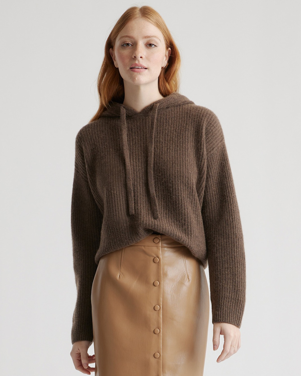 Quince Women's Mongolian Cashmere Fisherman Pullover Hoodie in Brown