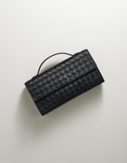 Black Italian Leather Handwoven Top Handle Clutch