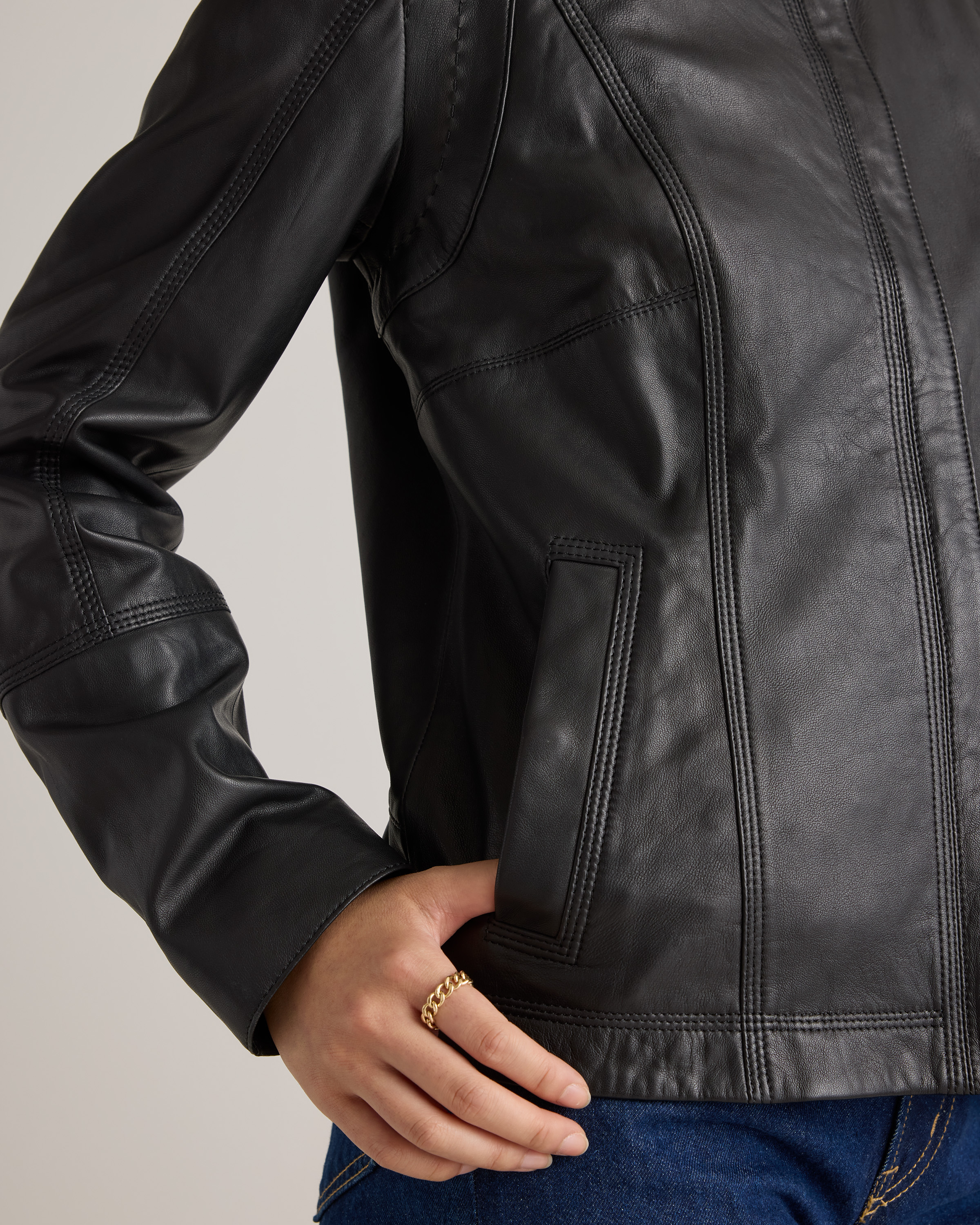 100% Leather Stand-Collar Jacket in Black