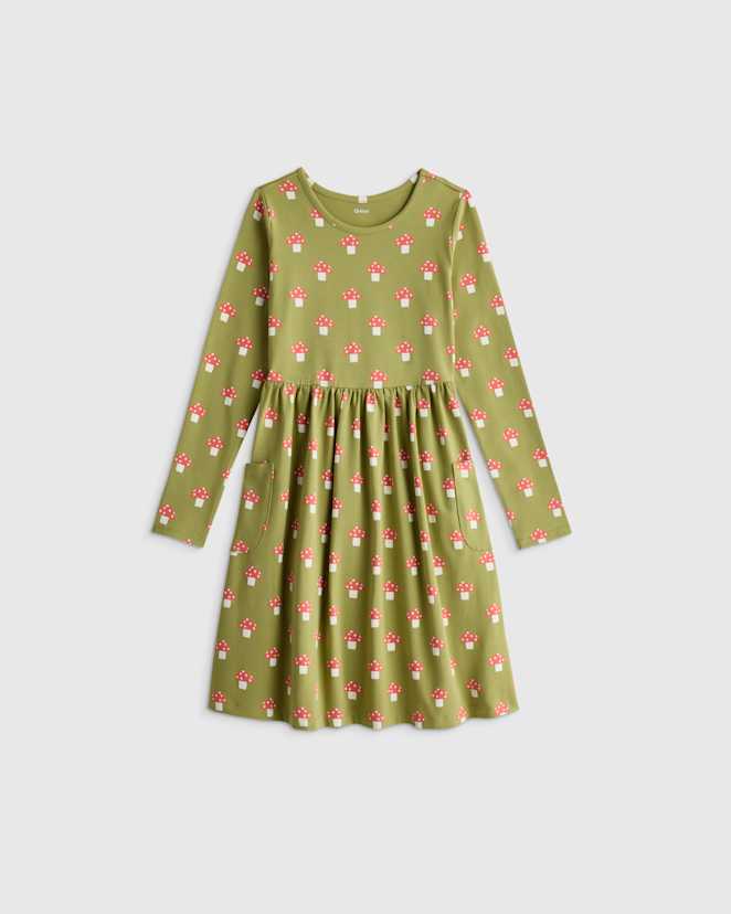 Mushroom Meadow Organic Cotton Long Sleeve Fit and Flare Pocket Dress