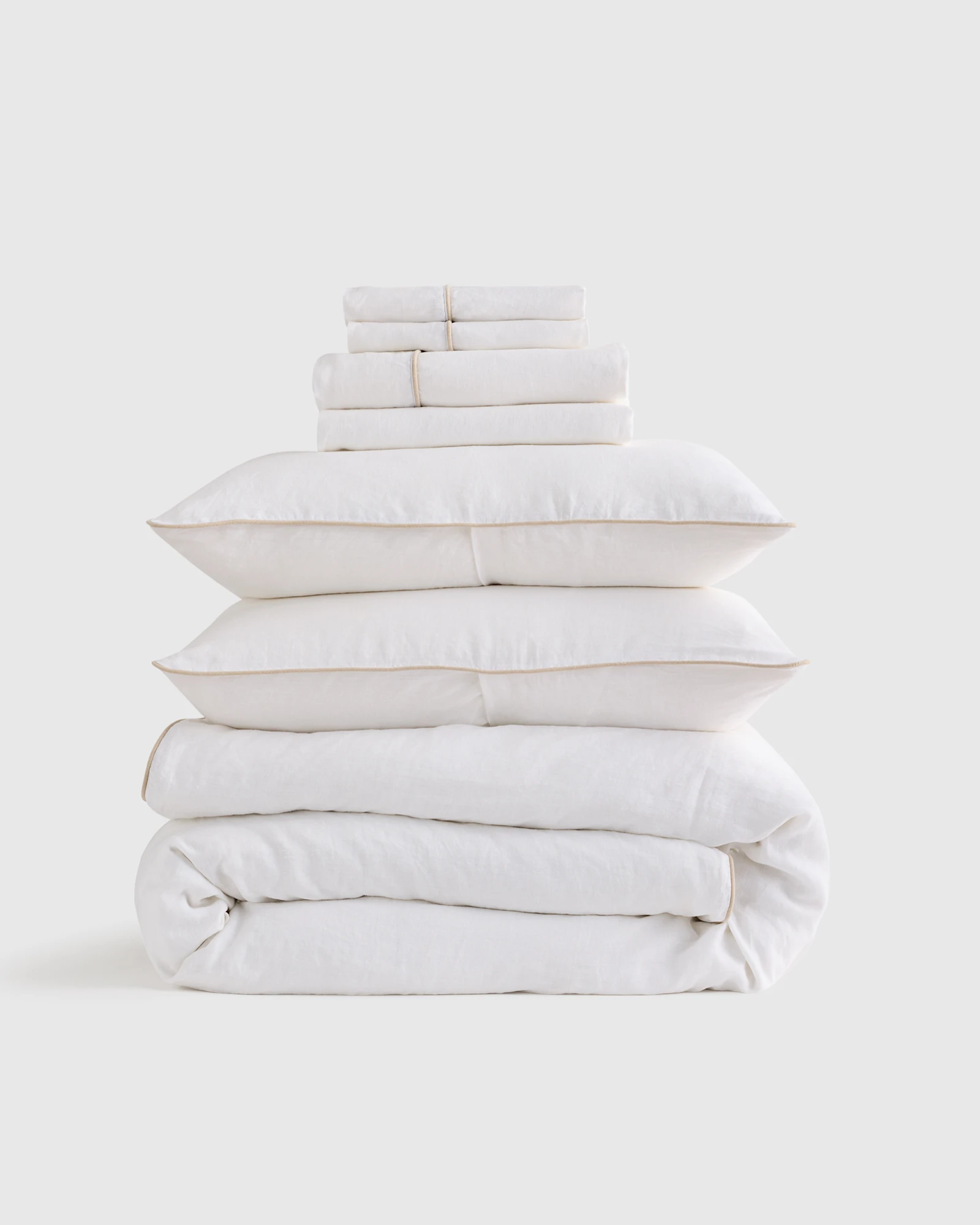 100% European Linen Piped Deluxe Bedding Bundle in White/Toffee