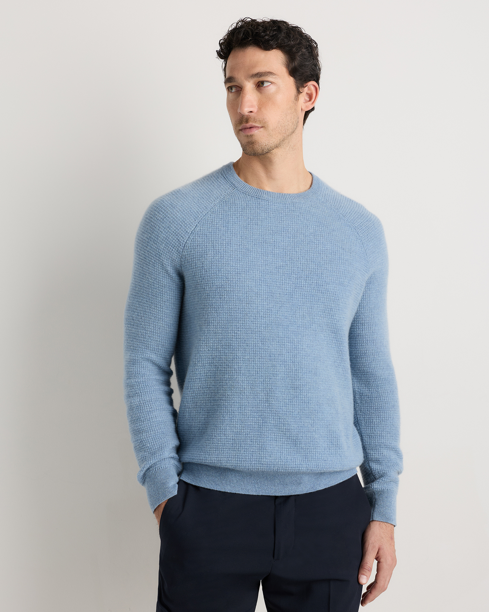 Quince Men's Mongolian Cashmere Waffle Sweatshirt In Blue