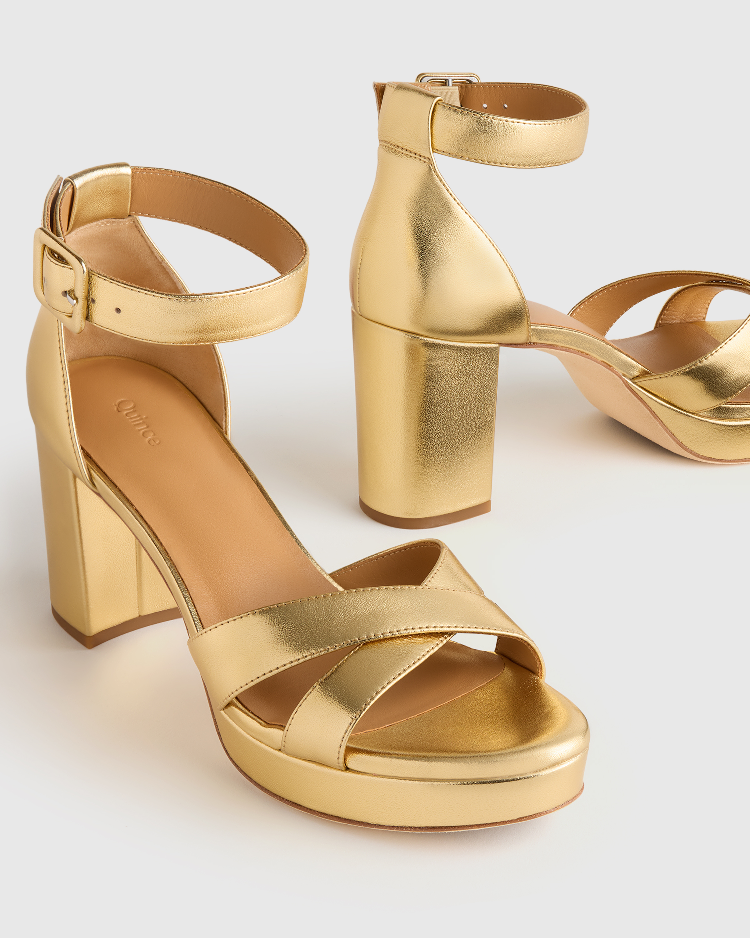 Italian Leather Crisscross Platform Block Heel Sandal in Metallic Gold
