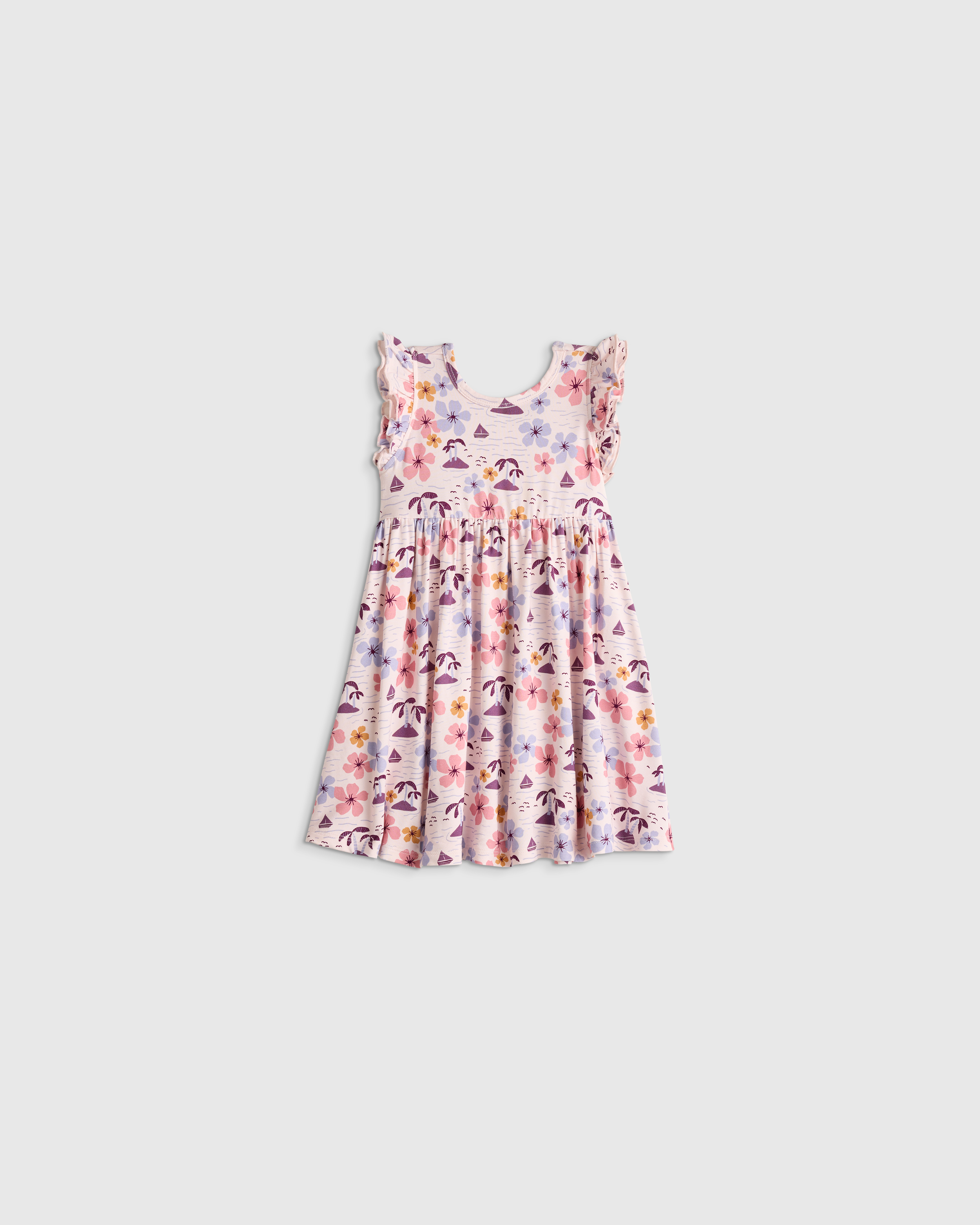 Tropical Scenic Bamboo Short Sleeve Flutter Twirl Dress