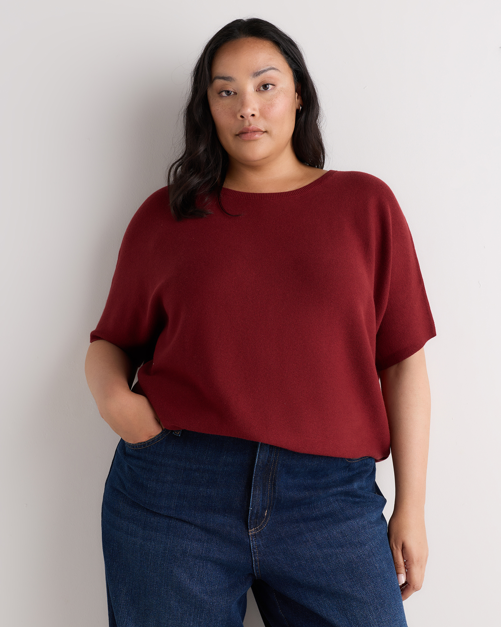 Deep Brick Red Lightweight Cotton Cashmere Link-Stitch Dolman Sweater