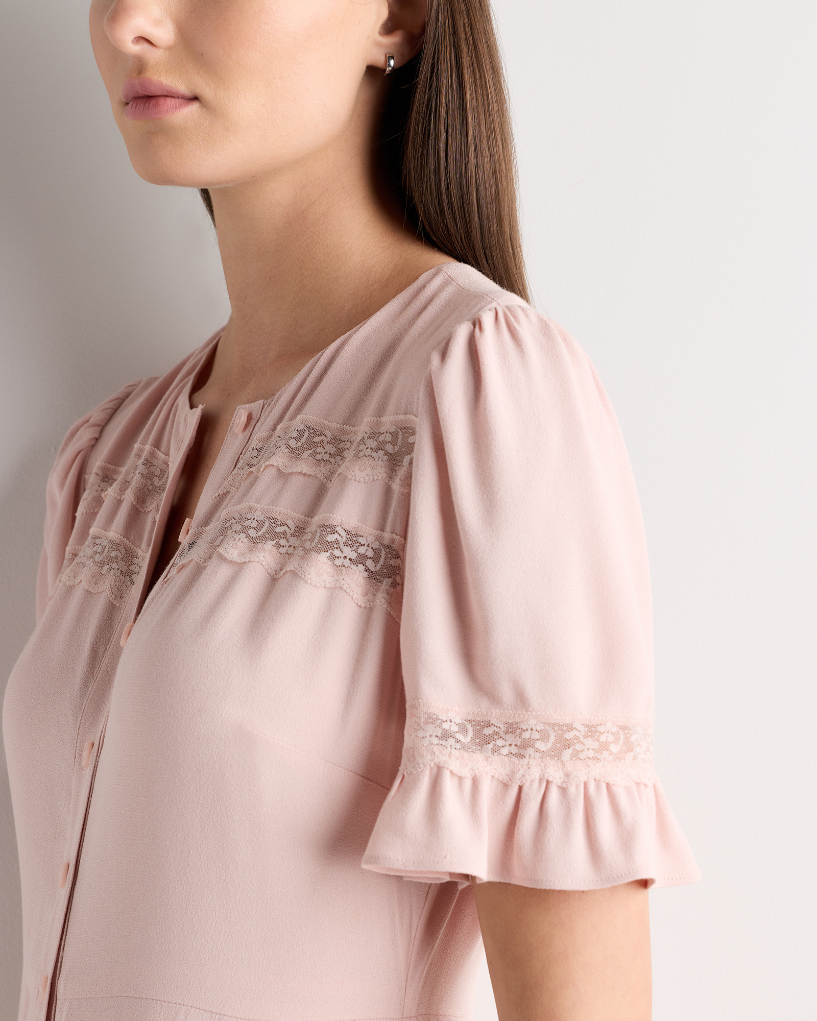 Lightweight Crepe Lace Inset Midi Dress in Shell Pink