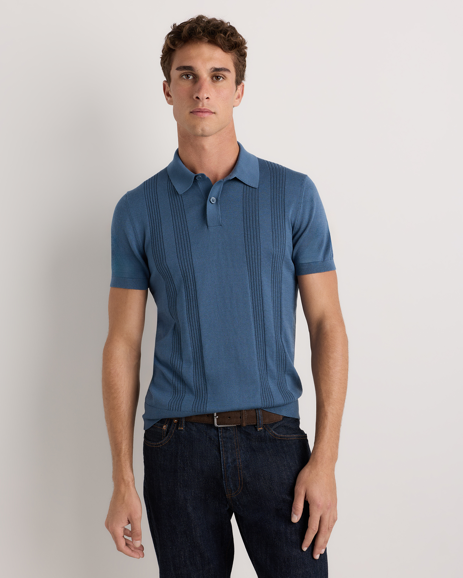 Sailor Blue Cotton-Silk Ribbed Short Sleeve Sweater Polo