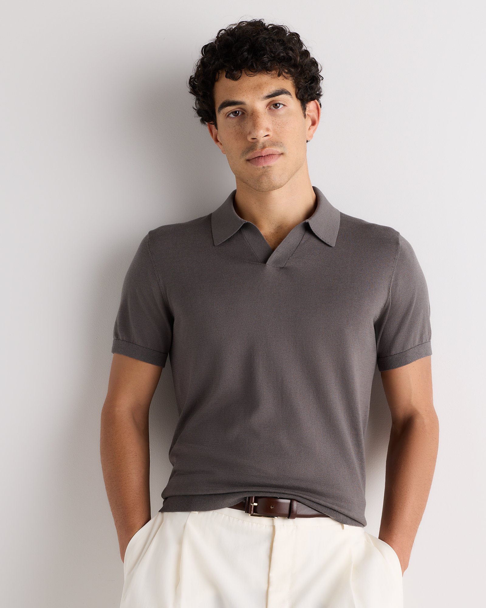 Dark Fossil Grey Cotton-Silk Johnny Collar Polo