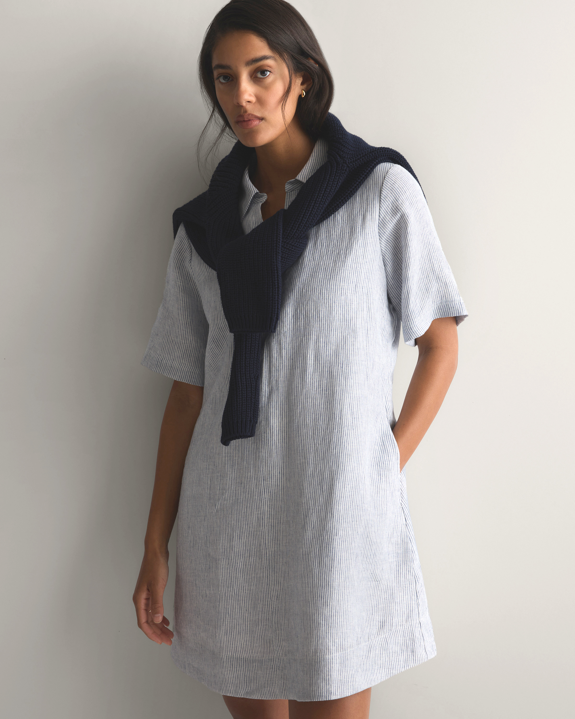 100% European Linen Popover Mini Dress in Blue Pinstripe