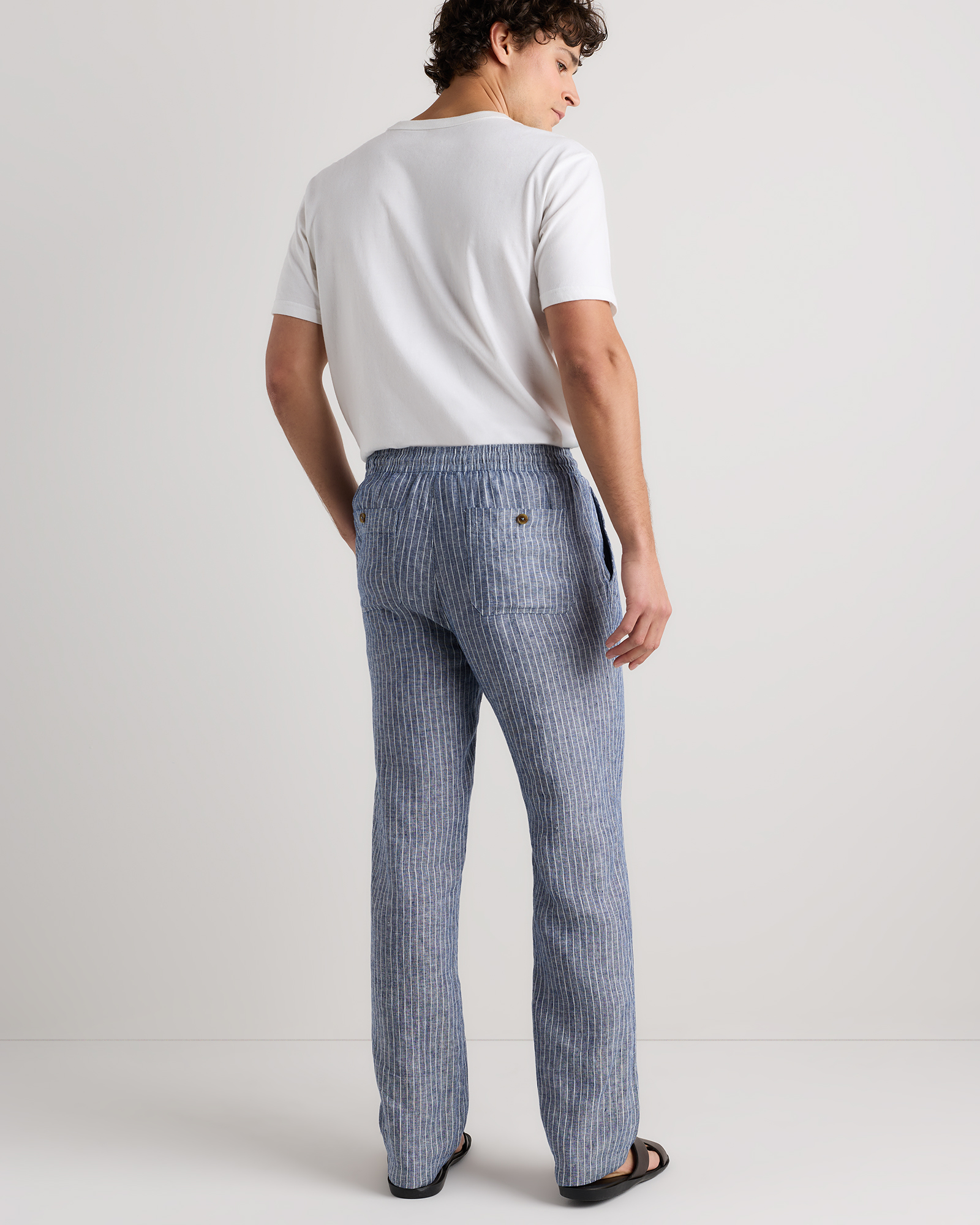 100% European Linen Drawstring Beach Pants in Chambray Stripe