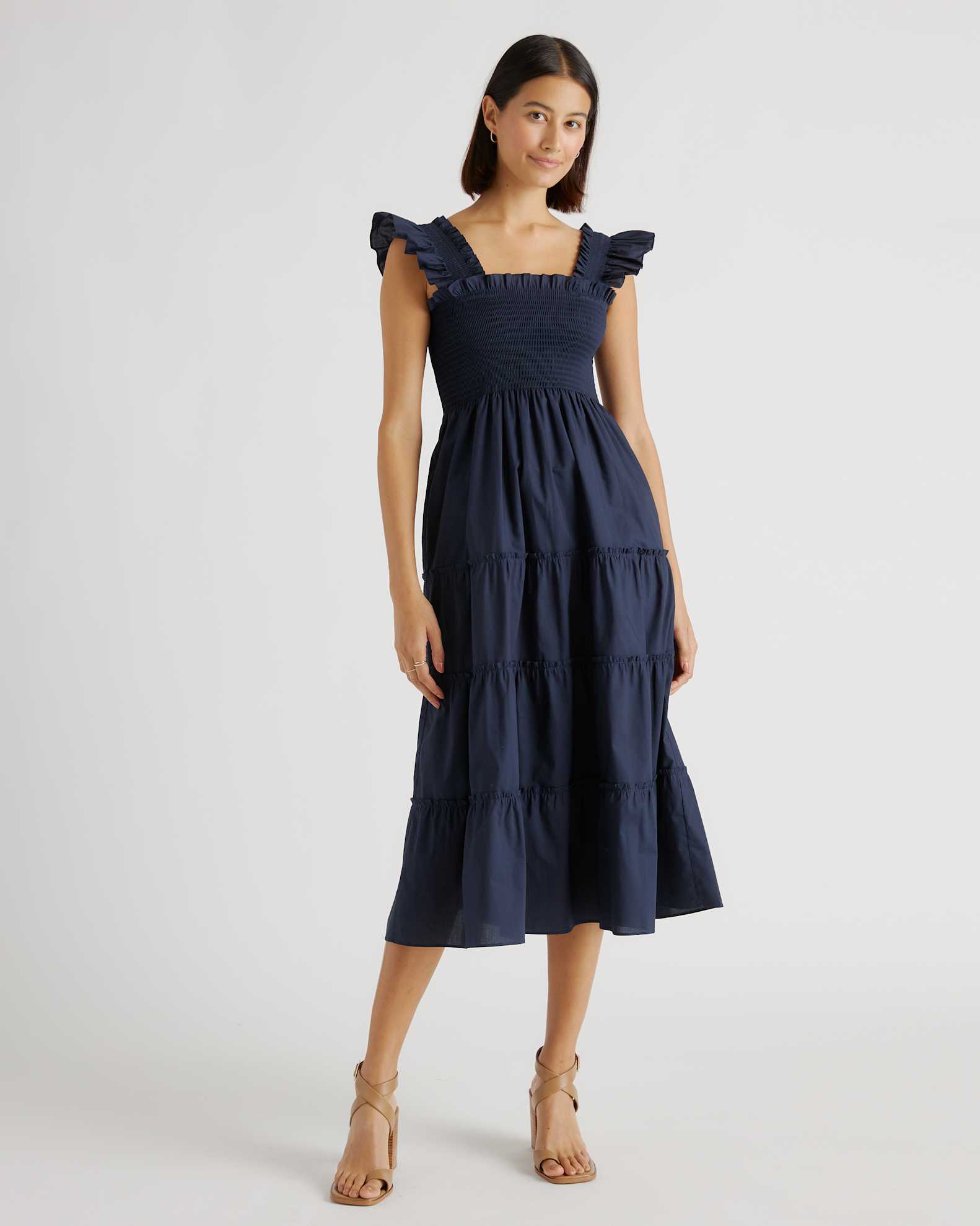 Quince Women's Poplin Smocked Midi Dress in Navy, Size XL - Flirty, Light, 100% Organic Cotton with A-line Cut & Ruffle Detailing Quince Women's Poplin Smocked Midi Dress in Navy, Size XL - Flirty, Light, 100% Organic Cotton with A-line Cut & Ruffle Detailing