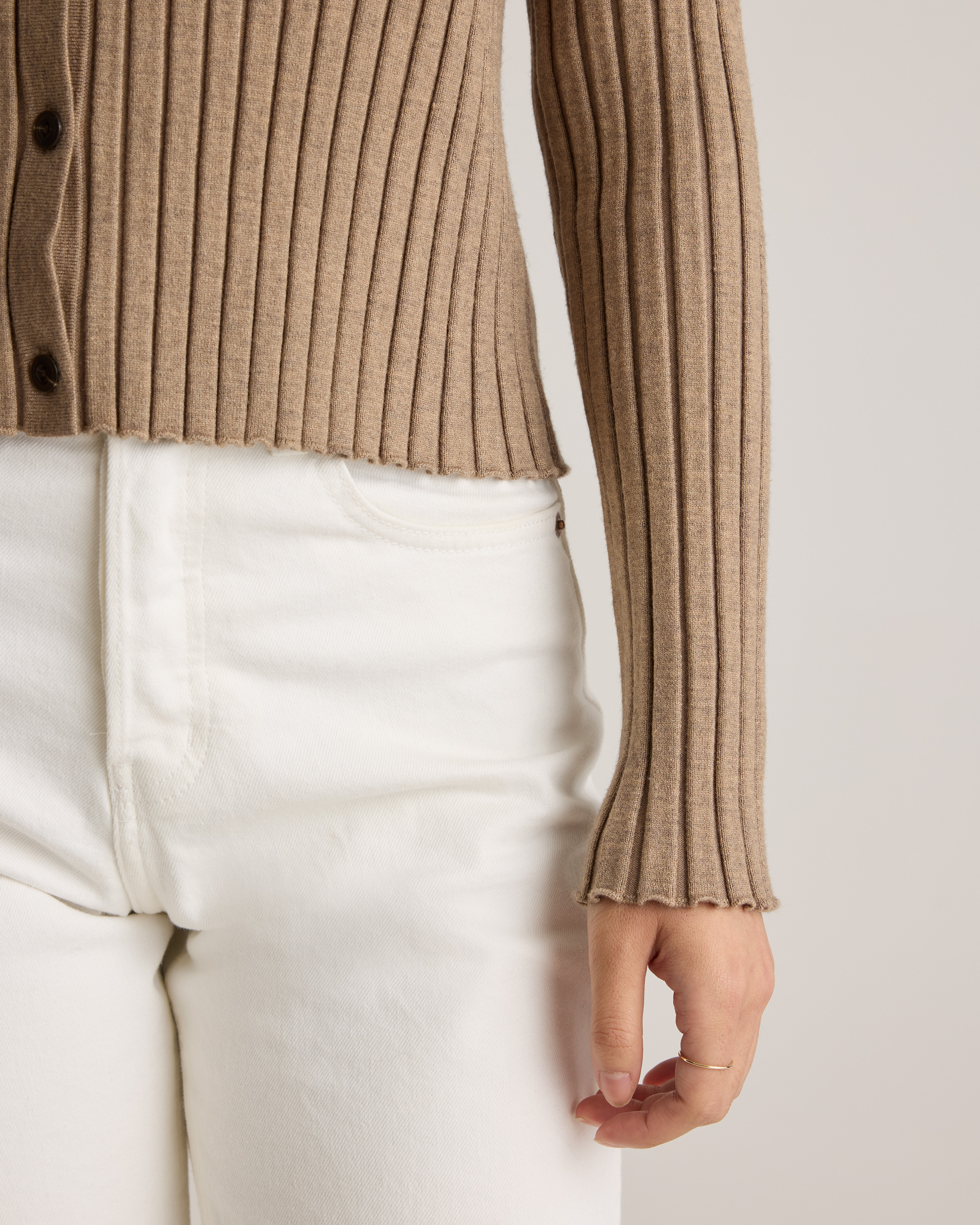 Eco-Knit Cropped Rib Cardigan in Warm Taupe