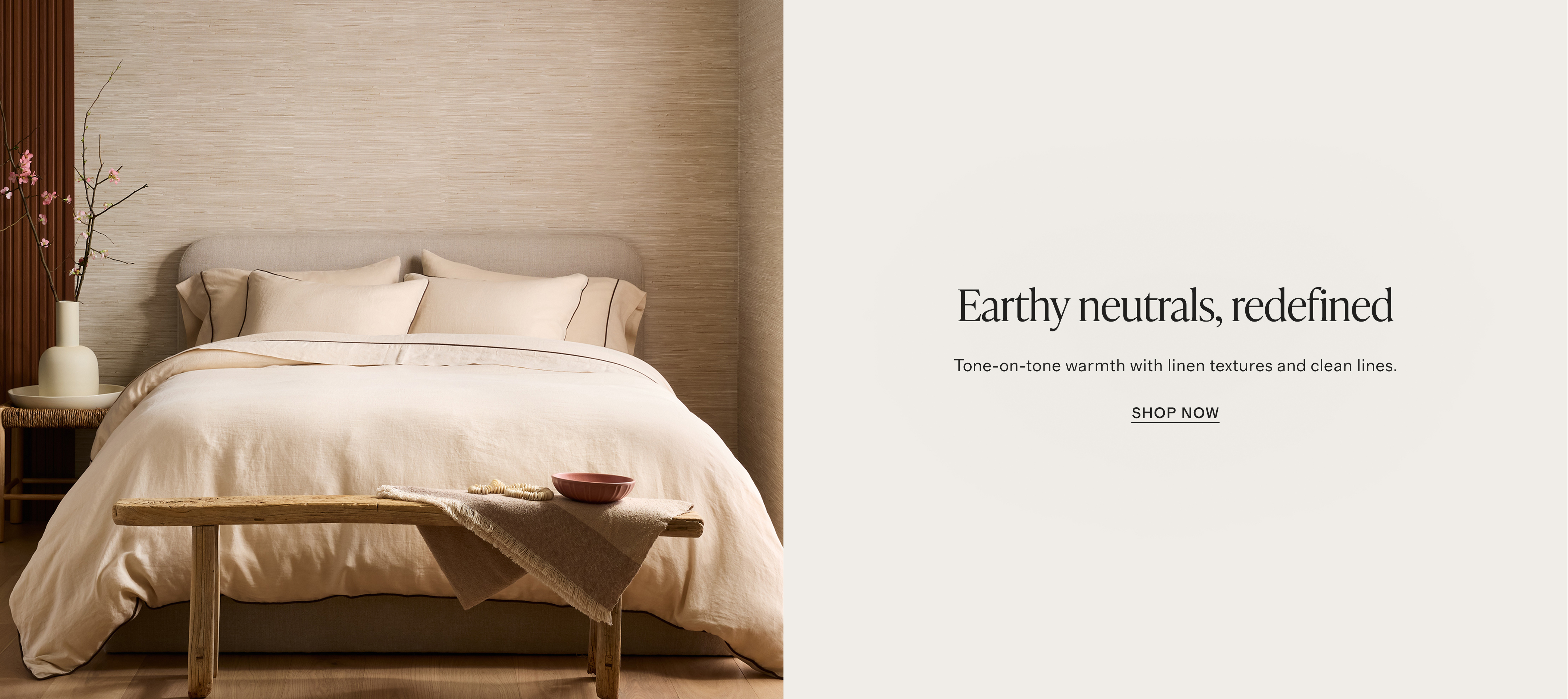 Earthy neutrals redefined bedding banner - desktop
