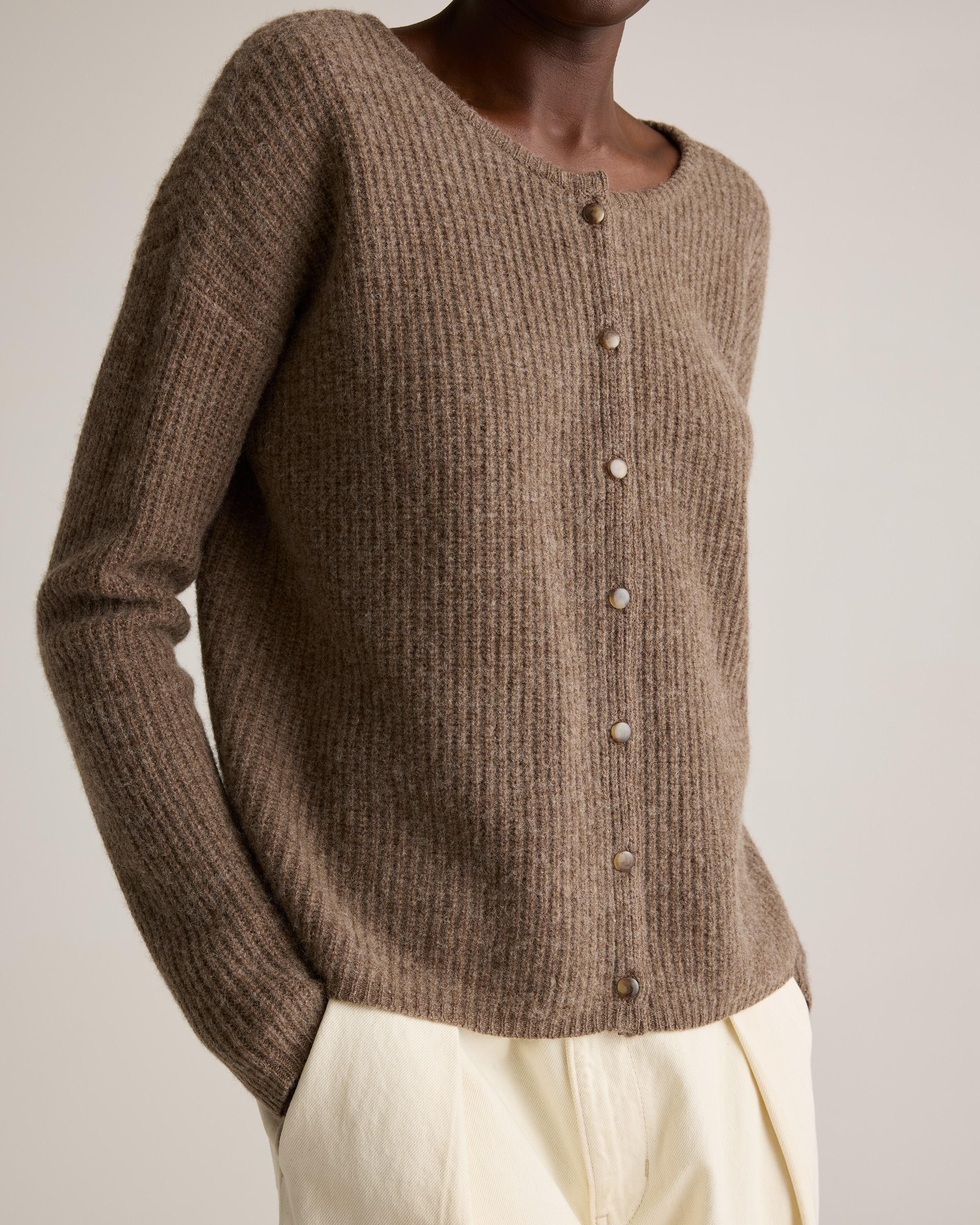 100% Yak Soft Rib Crew Cardigan in Heather Brown