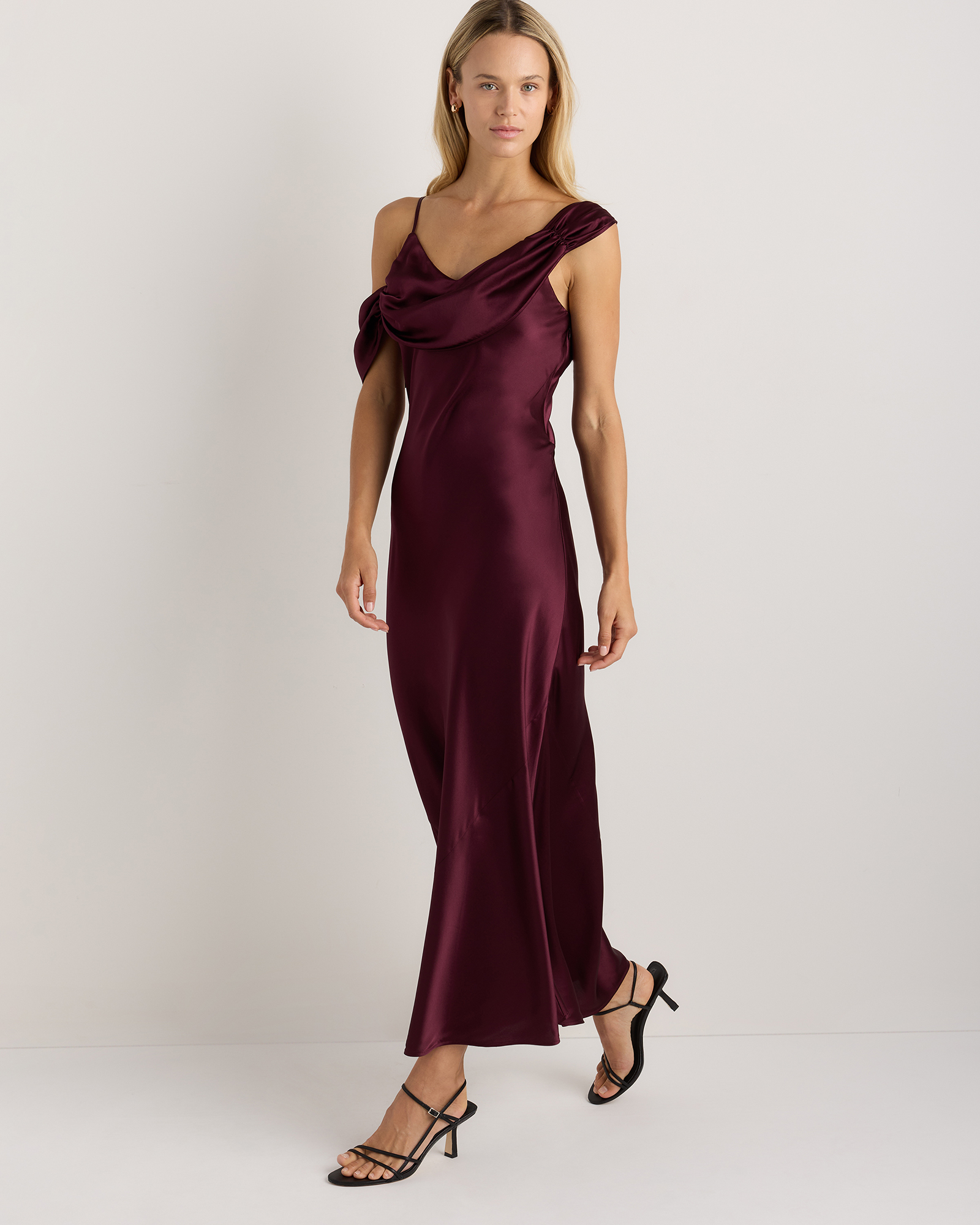 100% Washable Silk Draped Shoulder Maxi Dress in Wine Tasting Red