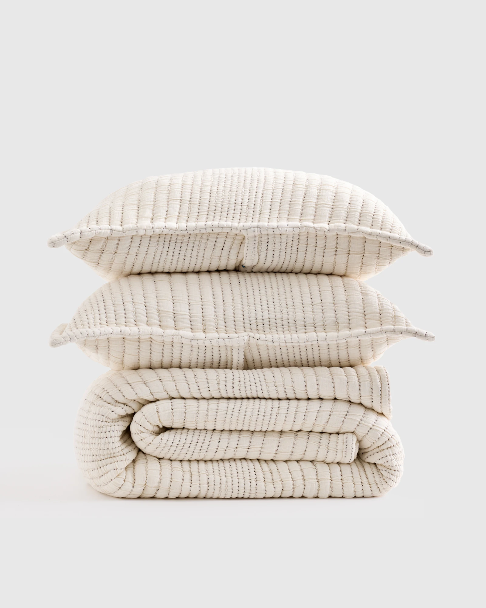Organic Cotton Channel Stitch Coverlet Set - Taupe, Full/Queen