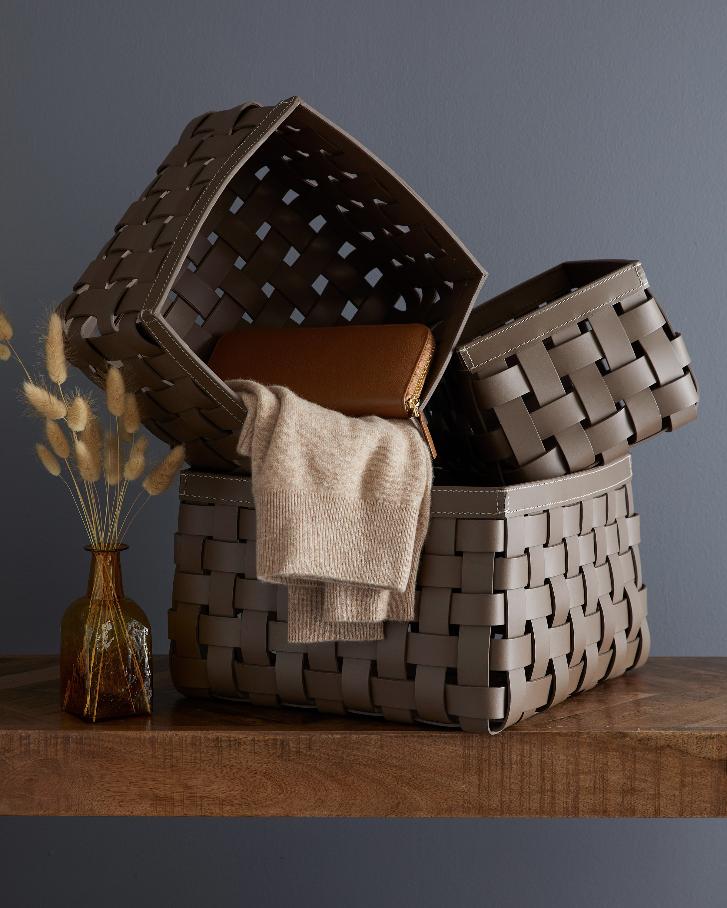 Woven Leather Baskets (Set of 3) in Brown
