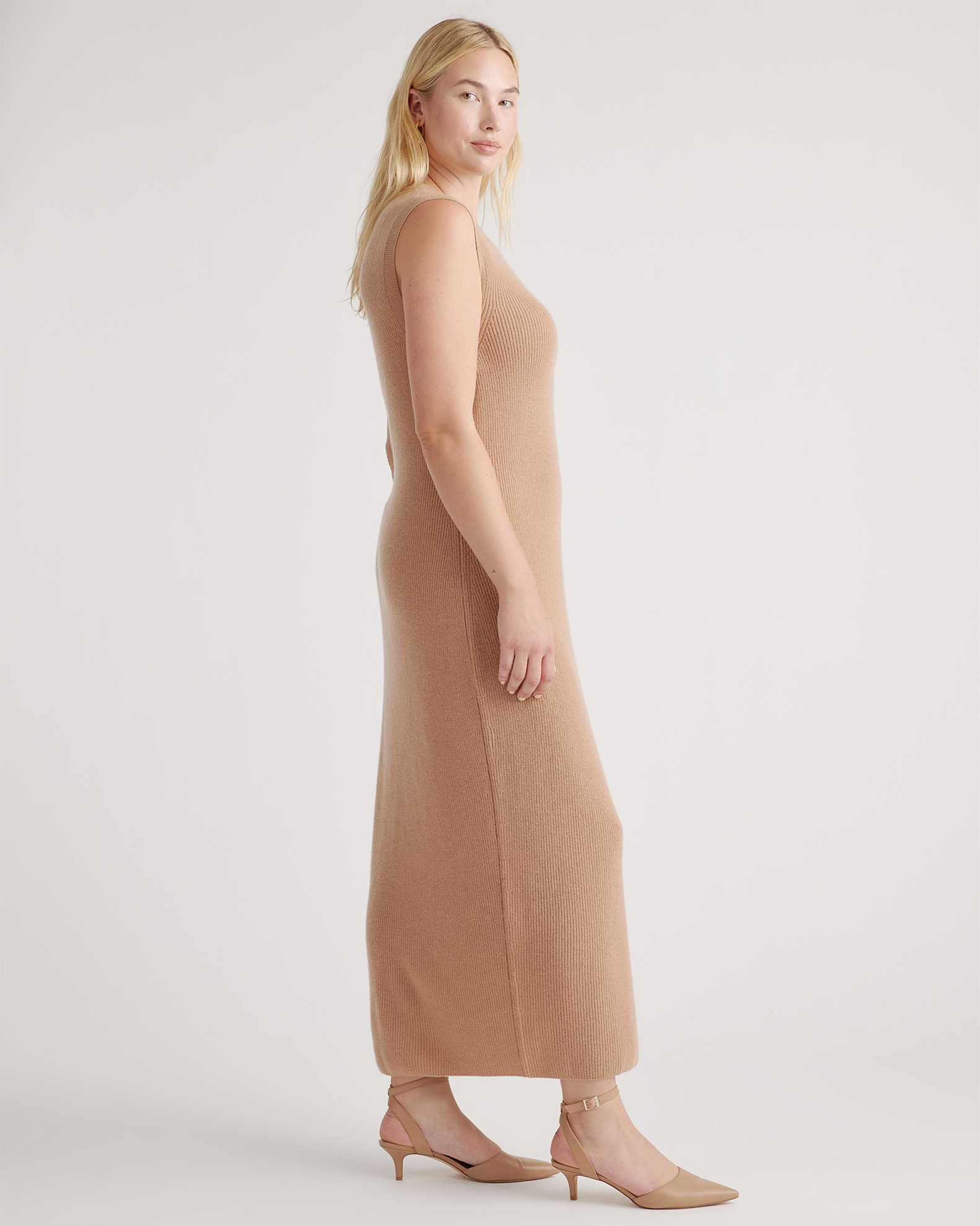 Lightweight Mongolian Cashmere Sleeveless Midi Sweater Dress in Camel Lightweight Mongolian Cashmere Sleeveless Midi Sweater Dress in Camel
