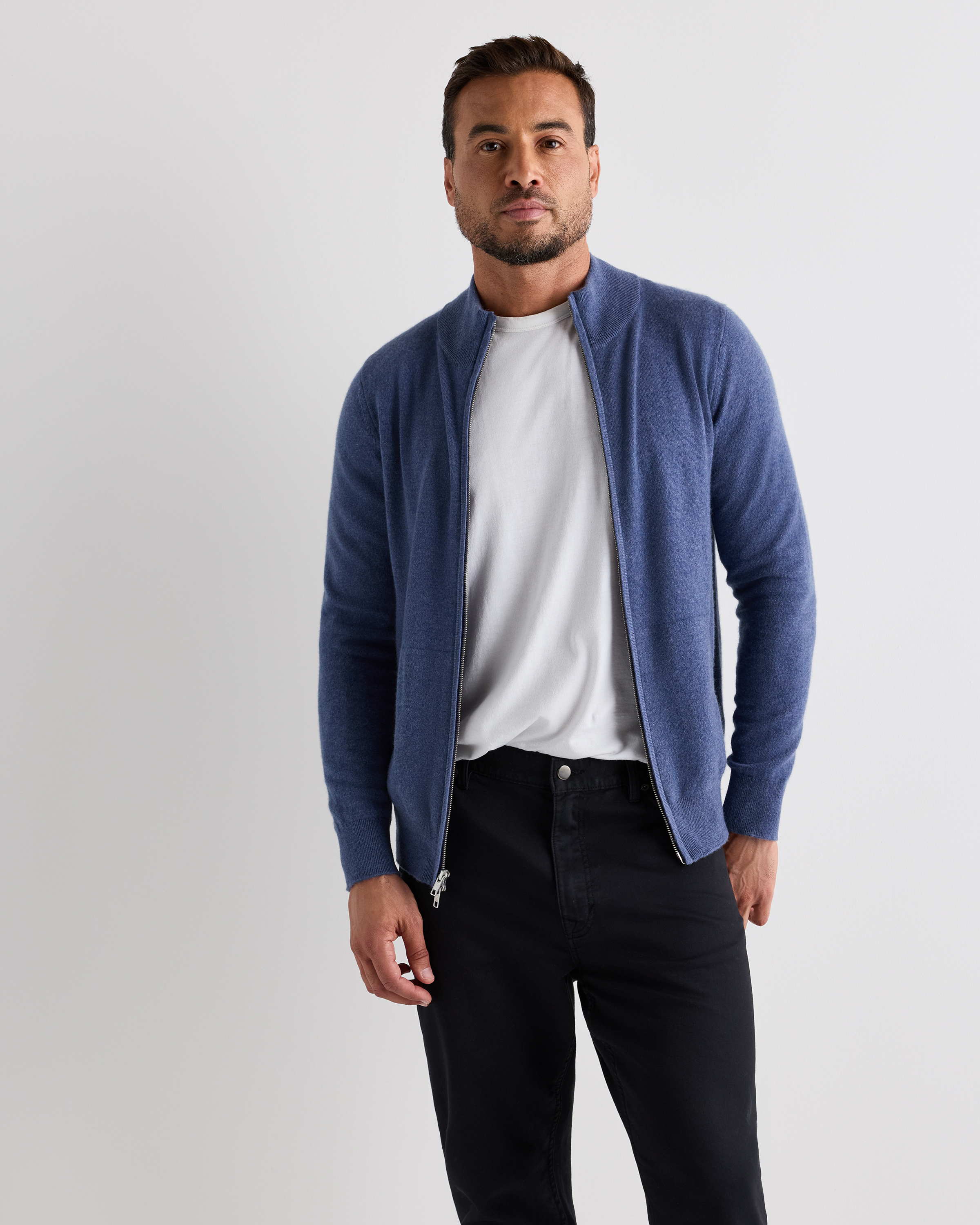 Heather Storm Blue Mongolian Cashmere Full Zip Sweater