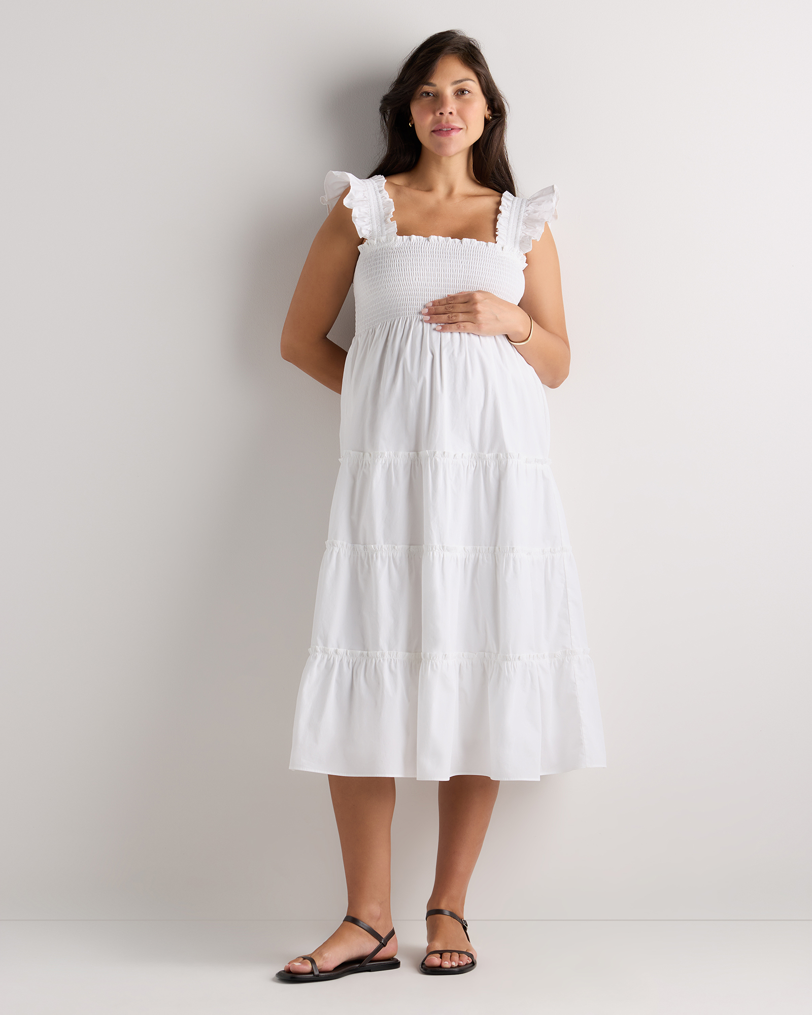 Classic White 100% Organic Cotton Poplin Maternity Smocked Midi Dress