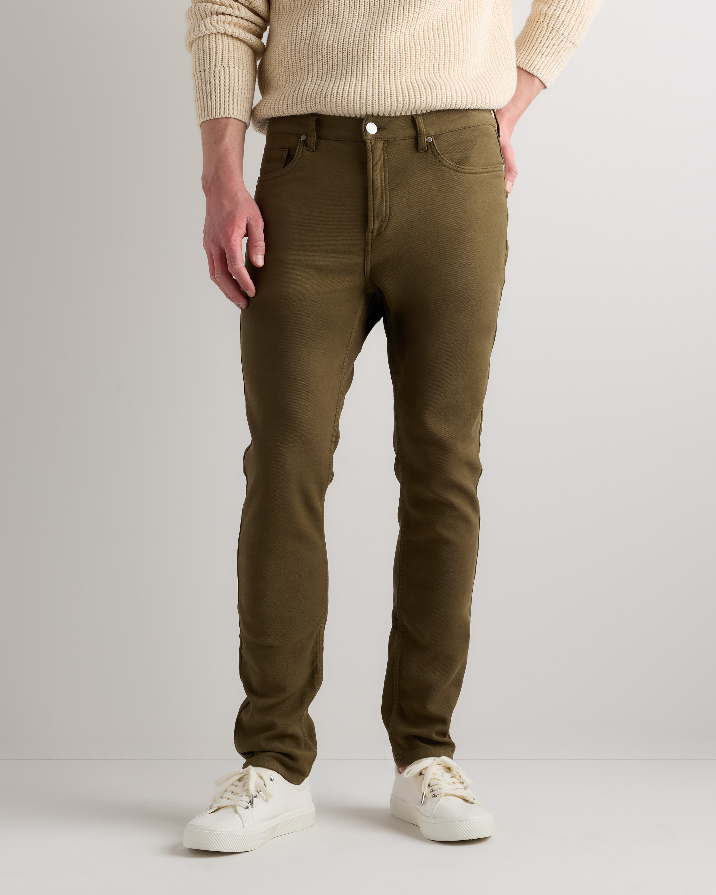 Military Olive French Terry 5-Pocket Pants - Slim