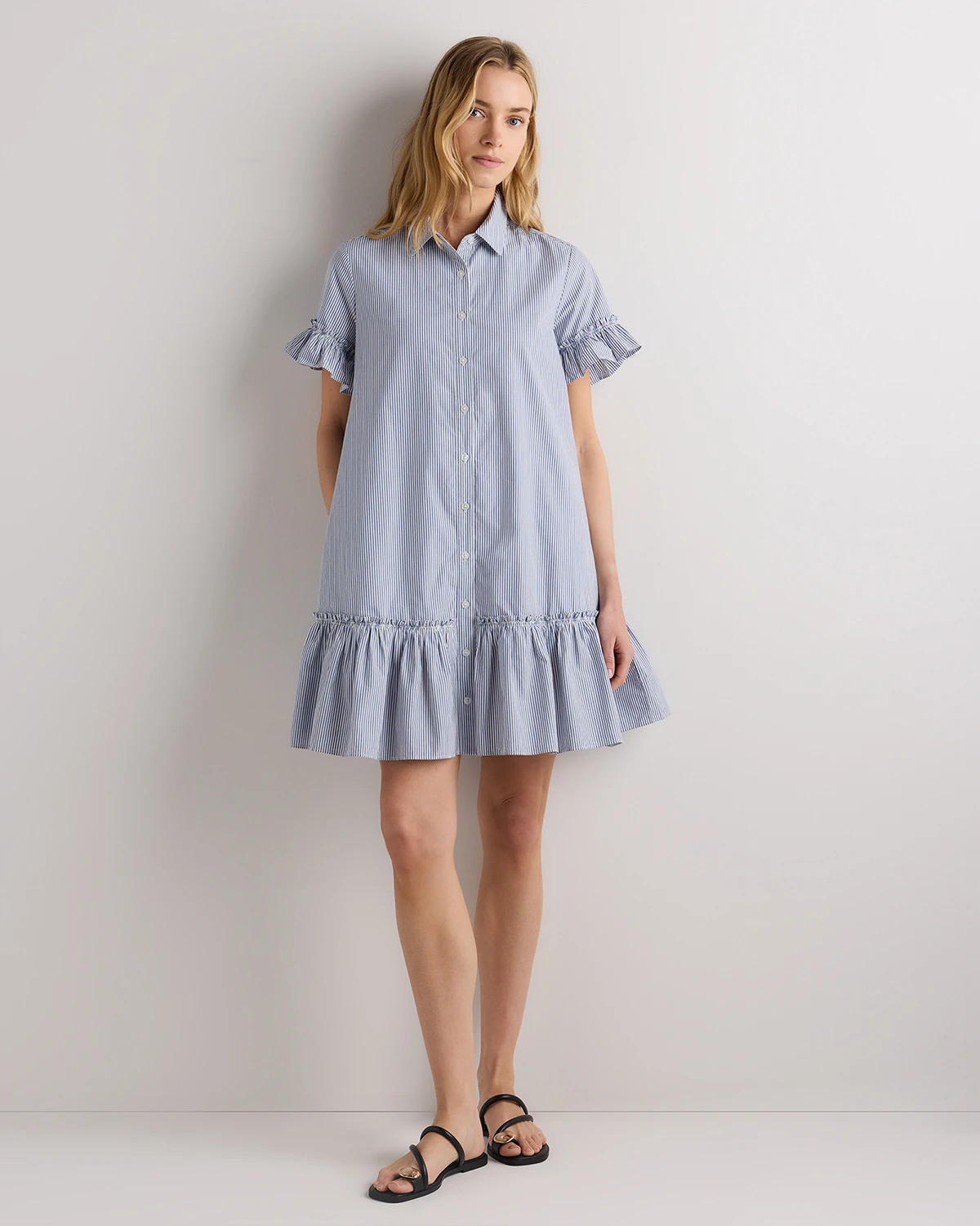 poplin shirt dress MICHAEL STARS Women's Larisa Dress, Size Small, Nocturnal Blue, Cotton cut from easy and breathable cotton poplin Women's Poplin Short Sleeve Ruffle