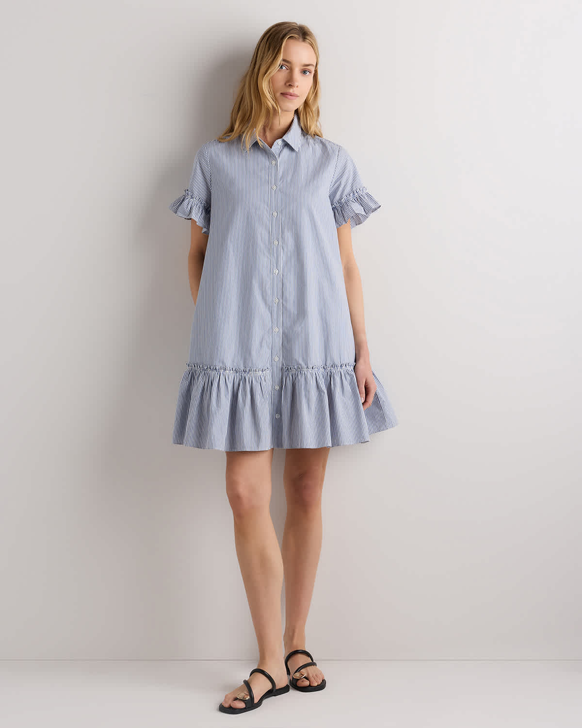 Women's 100% Organic Cotton Poplin Short Sleeve Ruffle Shirt Dress Women's 100% Organic Cotton Poplin Short Sleeve Ruffle Shirt Dress