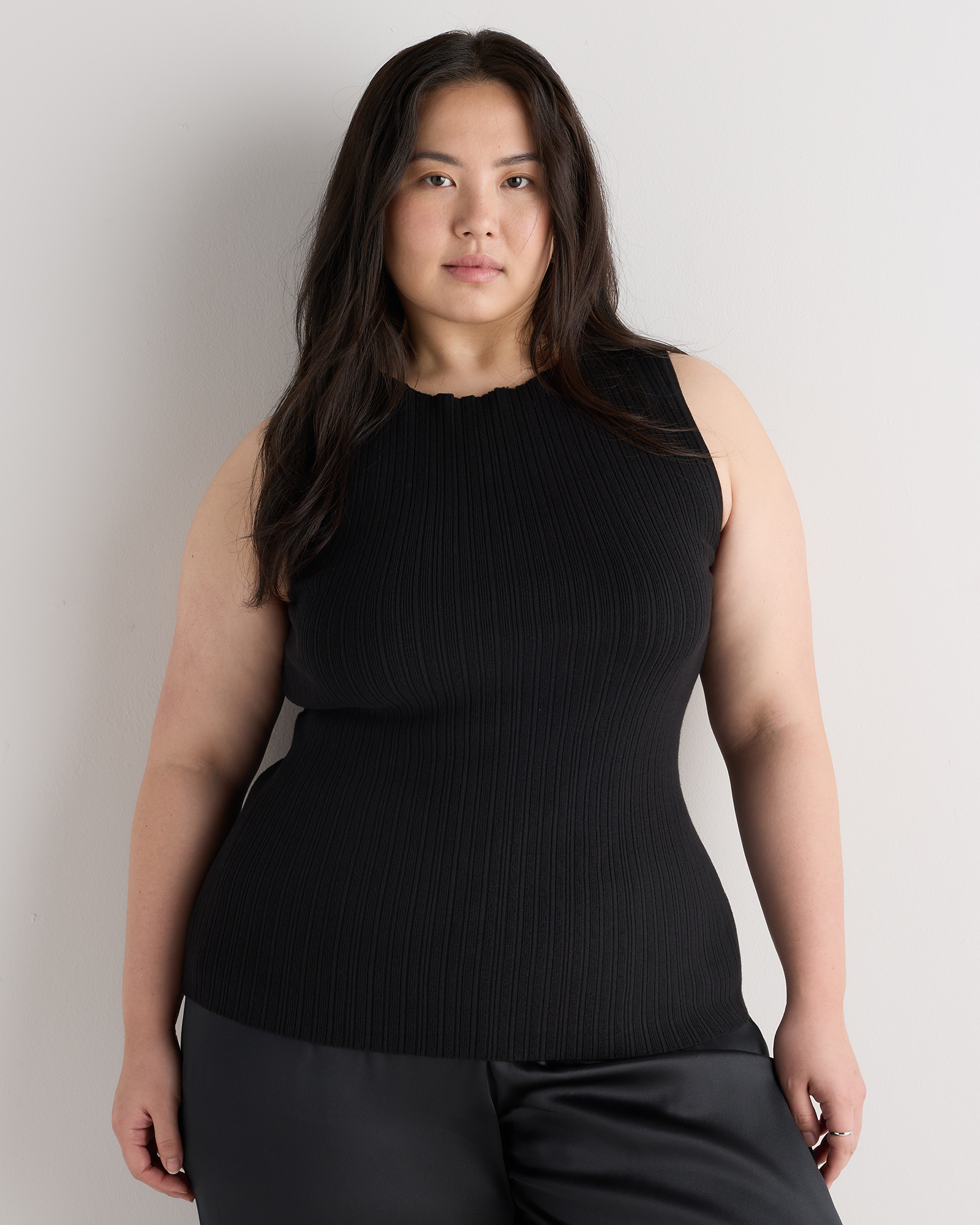 Black Cotton Cashmere Ribbed Tank