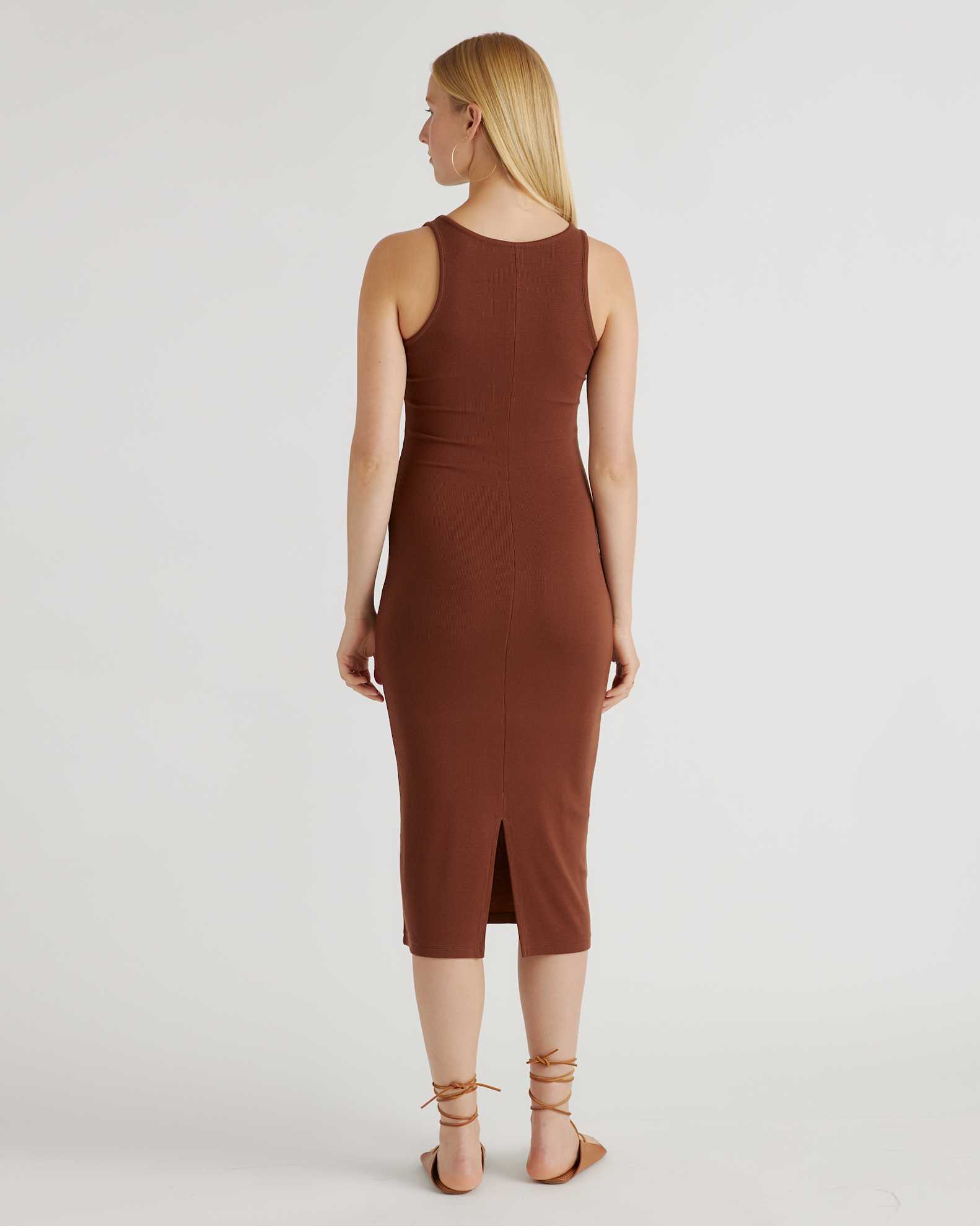 Quince Women's Tencel Rib Knit Sleeveless Midi Dress in Brown, Size Small - Soft, Breathable, Slimming & Pill-Resistant Quince Women's Tencel Rib Knit Sleeveless Midi Dress in Brown, Size Small - Soft, Breathable, Slimming & Pill-Resistant