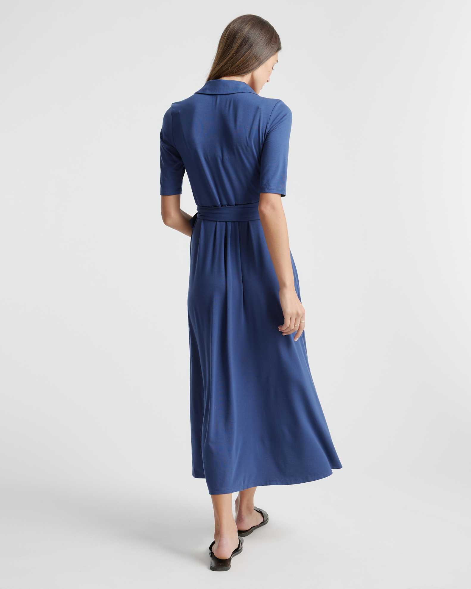Quince Women's Tencel Jersey Midi Wrap Dress, Navy, Size Large - Eco-Friendly, Comfortable, Modern Length, Rounded Collar Quince Women's Tencel Jersey Midi Wrap Dress, Navy, Size Large - Eco-Friendly, Comfortable, Modern Length, Rounded Collar